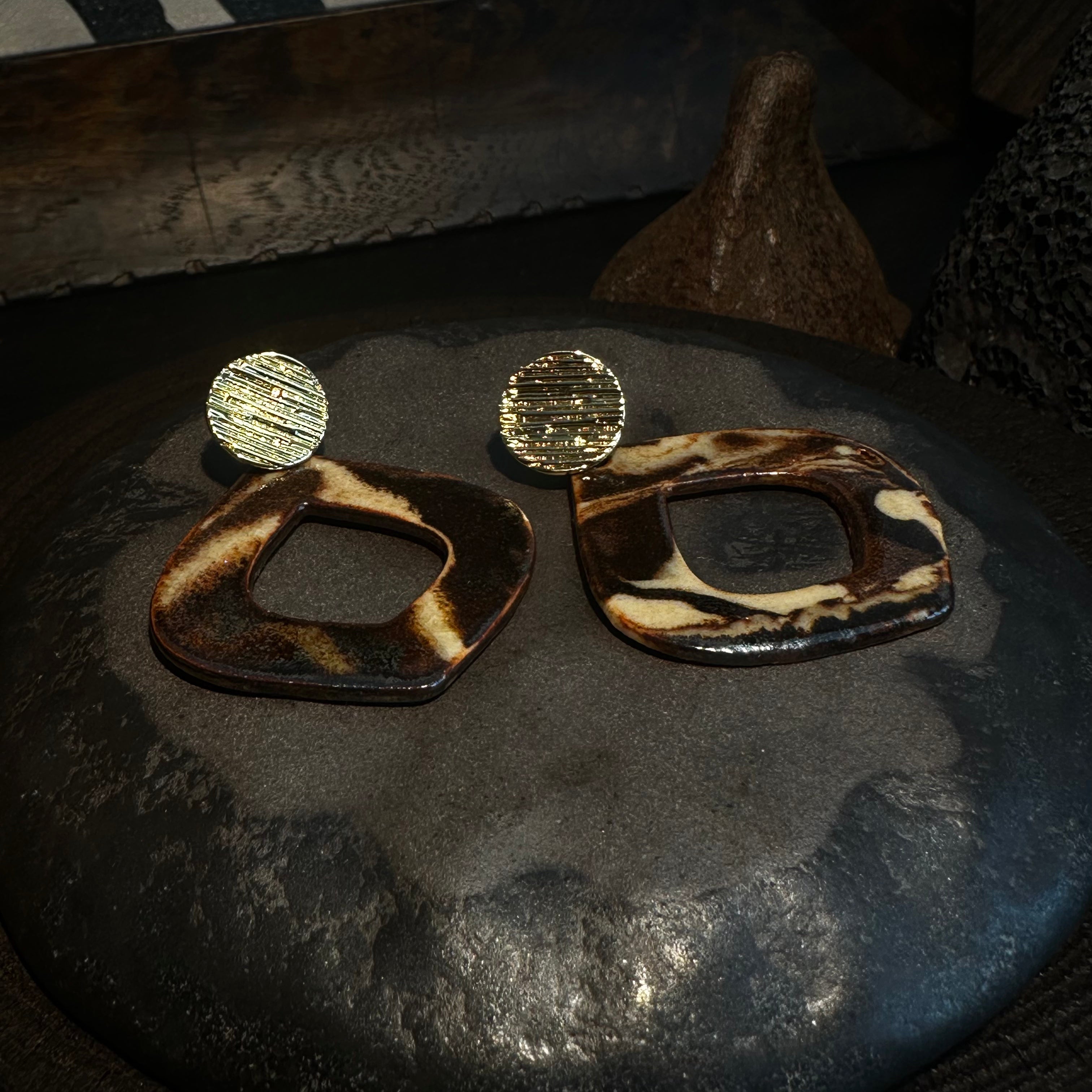 Artisan Nerikomi Ceramic Earrings – Gold Lined Circle Stud, Open Organic Diamond Drop