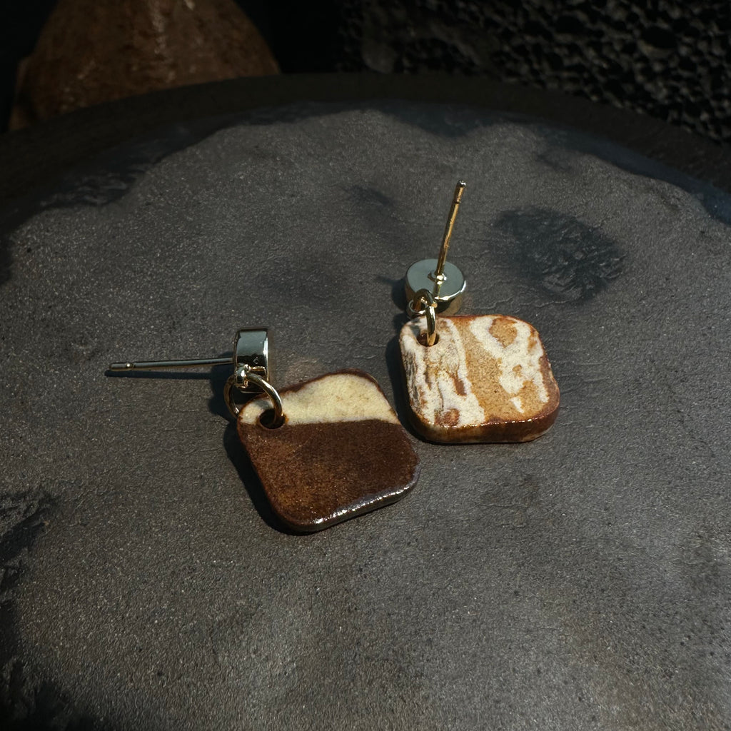 Artisan Nerikomi Ceramic Earrings – Gold Circle Stud, Brown Diamond Drop