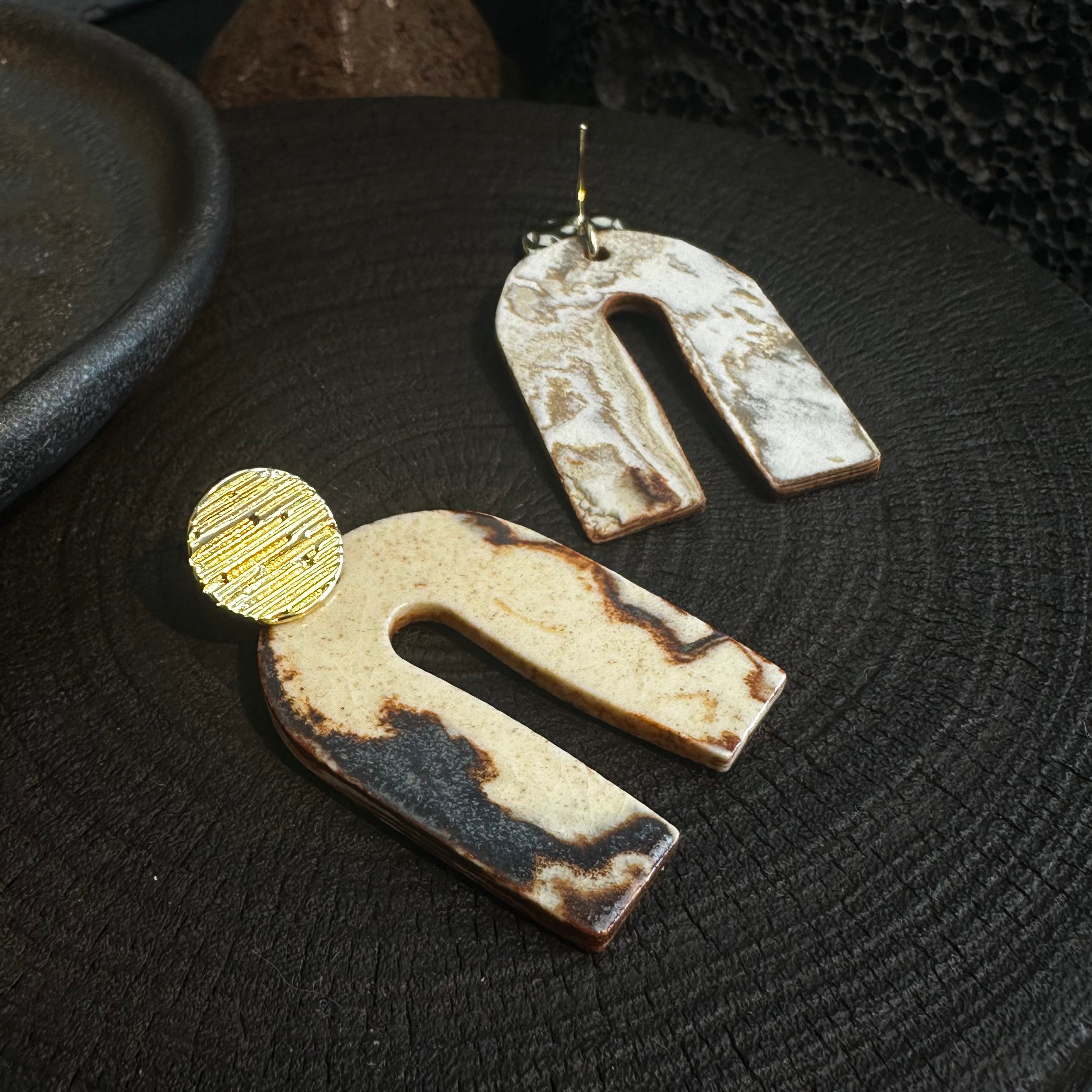 Artisan Nerikomi Ceramic Earrings – Gold Lined Circle Stud, Asymmetric Arch Drop