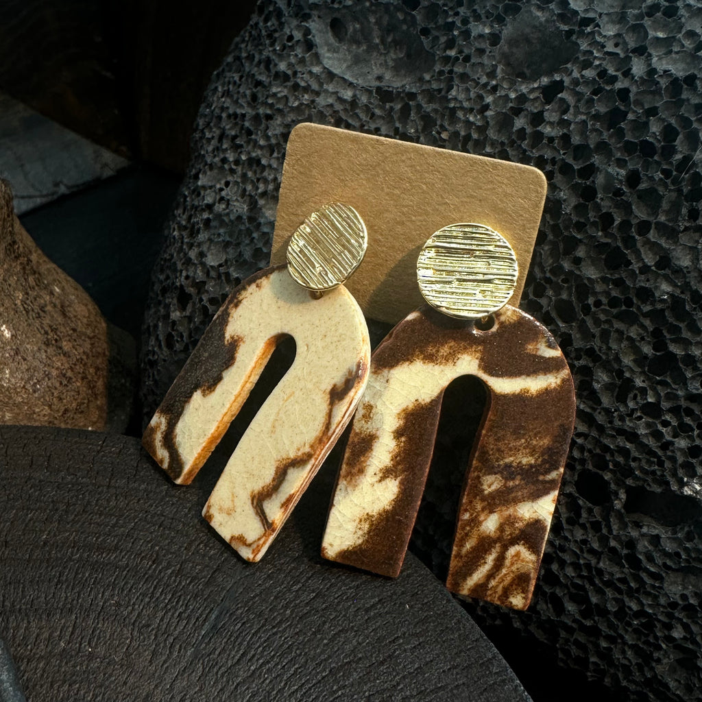 Artisan Nerikomi Ceramic Earrings – Gold Lined Circle Stud, Asymmetric Arch Drop