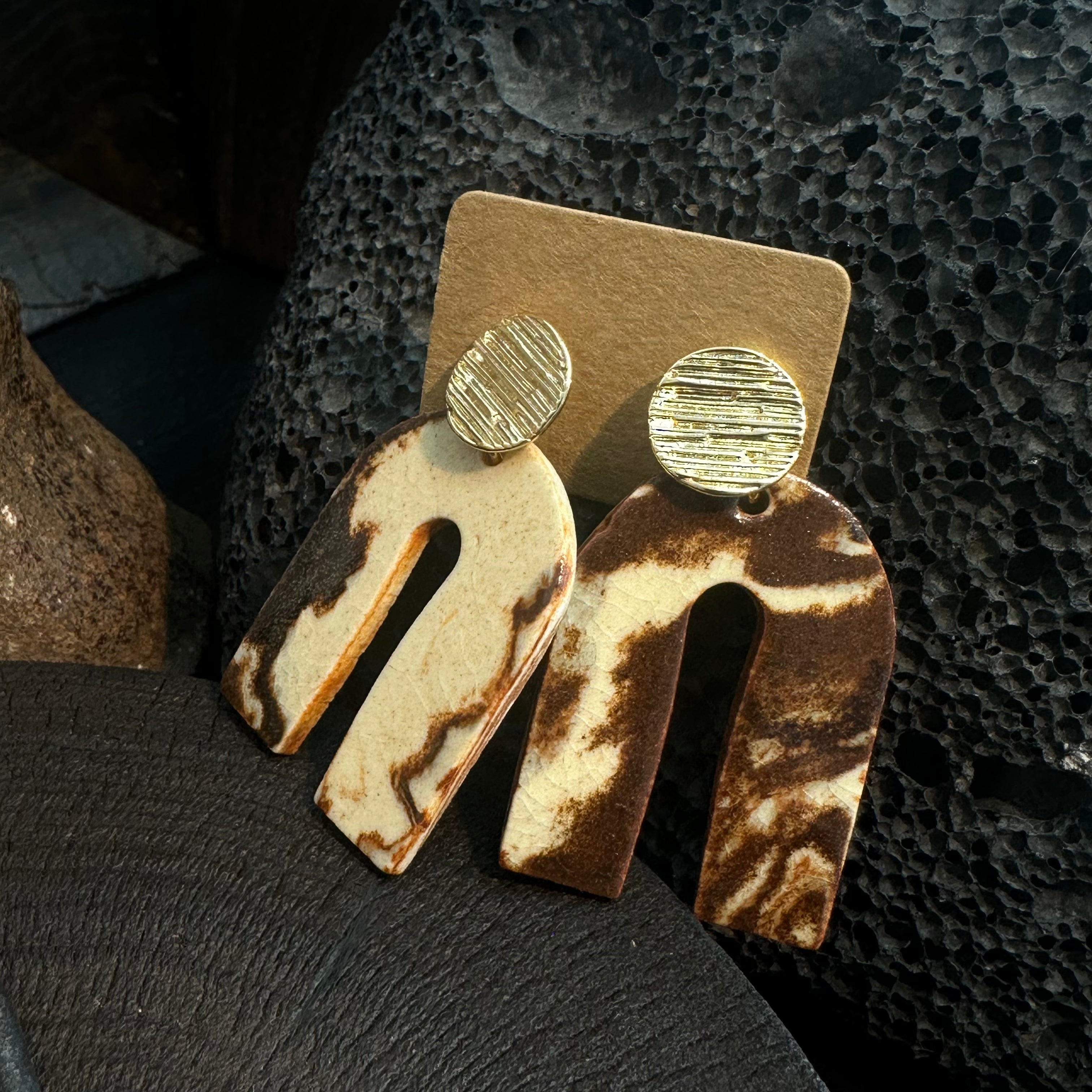 Artisan Nerikomi Ceramic Earrings – Gold Lined Circle Stud, Asymmetric Arch Drop