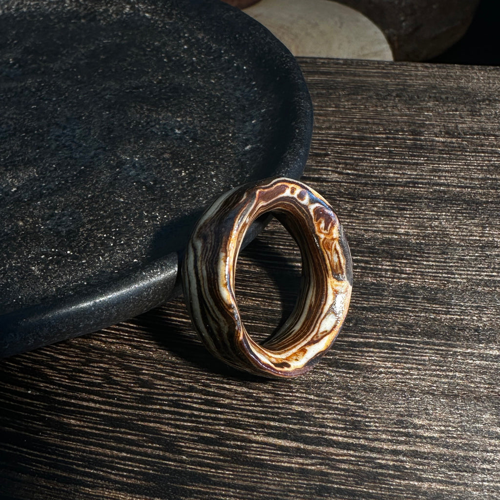 Artisan Nerikomi Ceramic Ring – Dark Earth Flow, Wide Band
