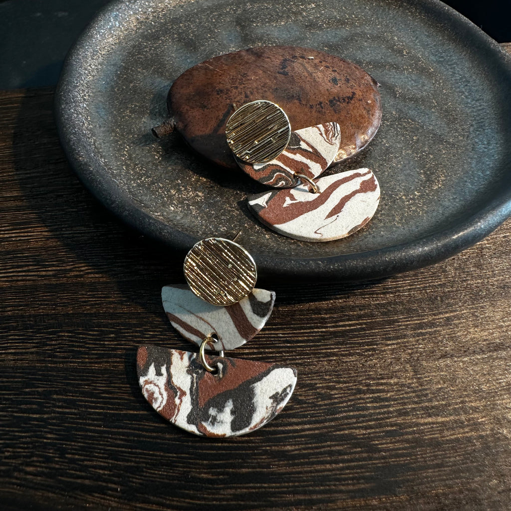 Artisan Nerikomi Ceramic Earrings – Gold Lined Circle Stud, Double Half-Moon Drop
