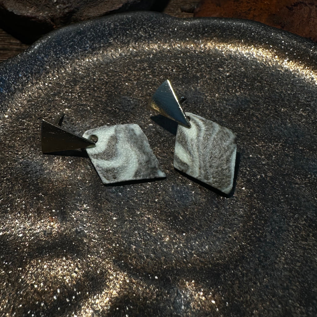 Artisan Nerikomi Ceramic Earrings – Gold Triangle Stud, Sage Diamond Drop