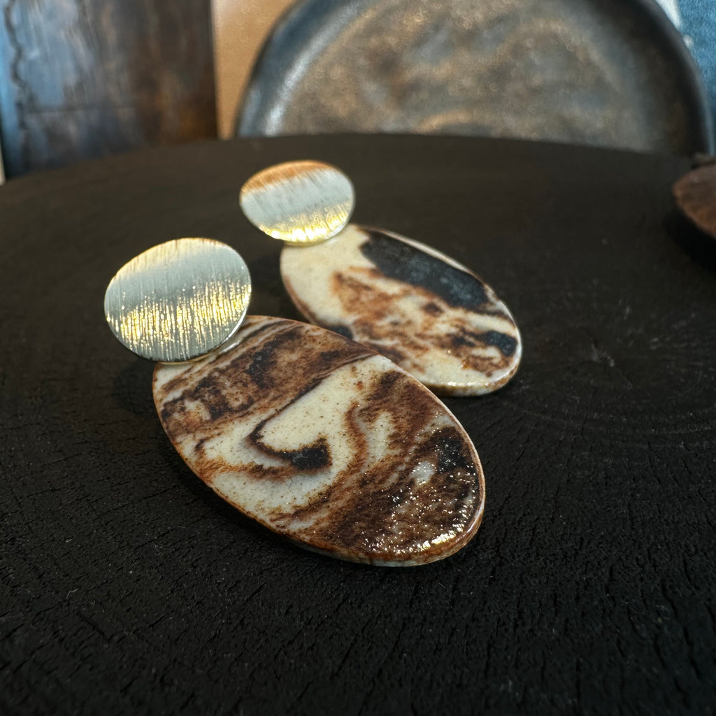 Artisan Nerikomi Ceramic Earrings – Gold Lined Circle Stud, Large Oval Drop