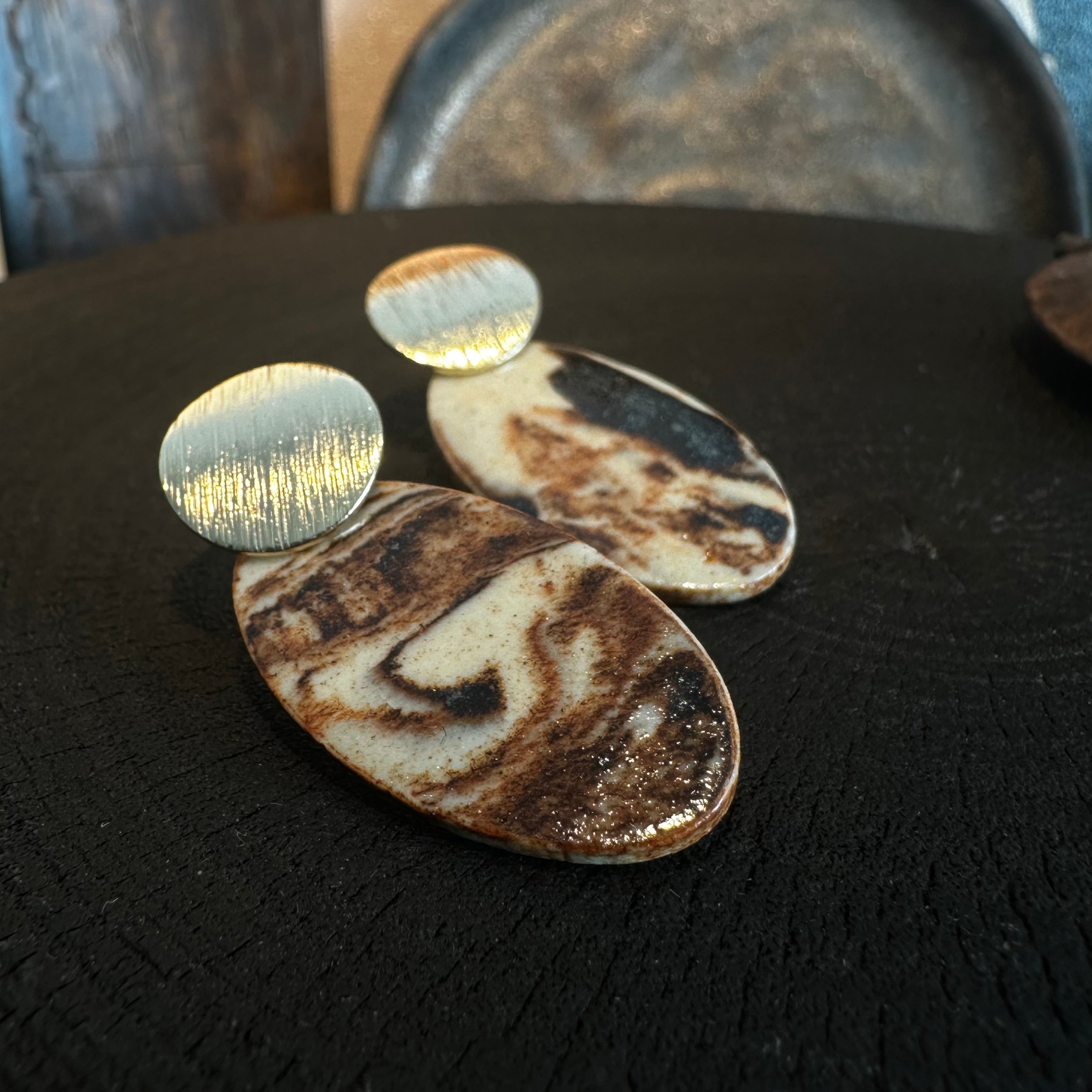 Artisan Nerikomi Ceramic Earrings – Gold Lined Circle Stud, Large Oval Drop