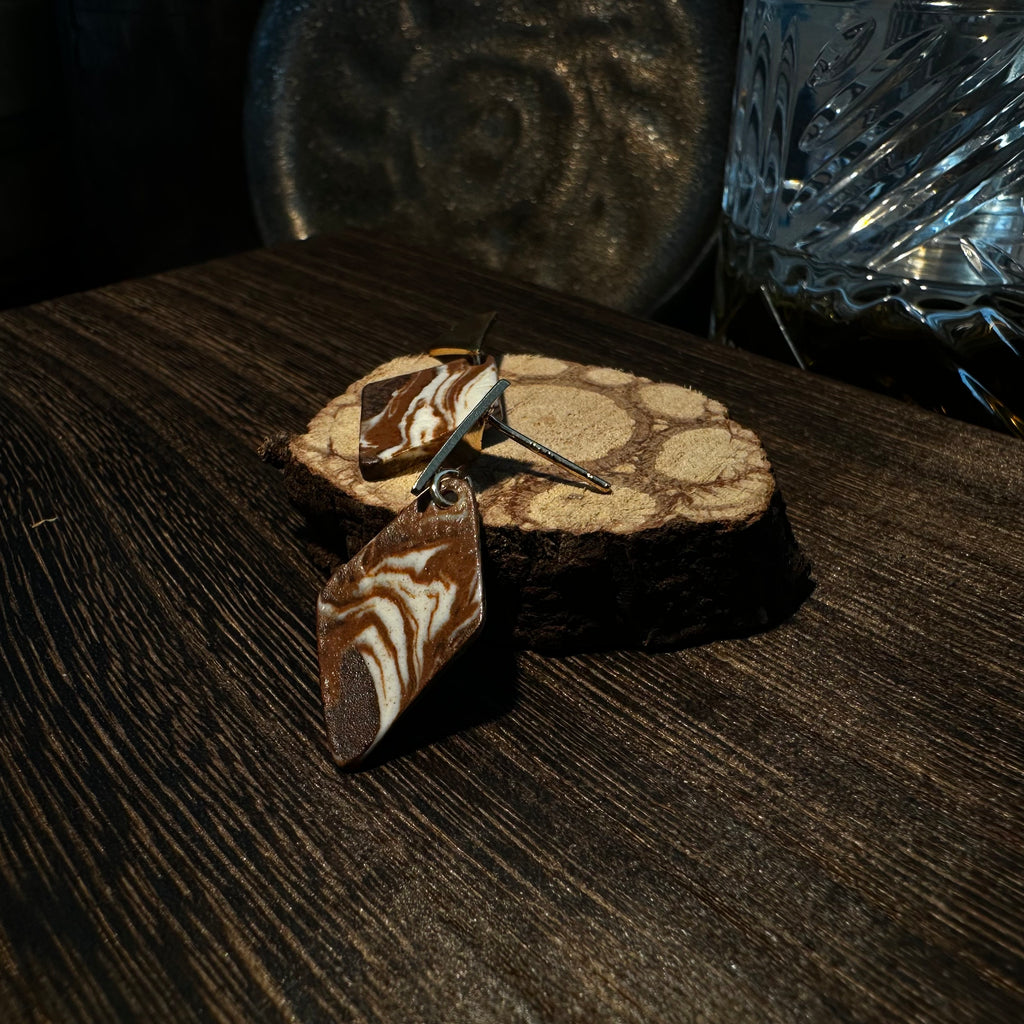 Artisan Nerikomi Ceramic Earrings – Gold Triangle Stud, Diamond Drop