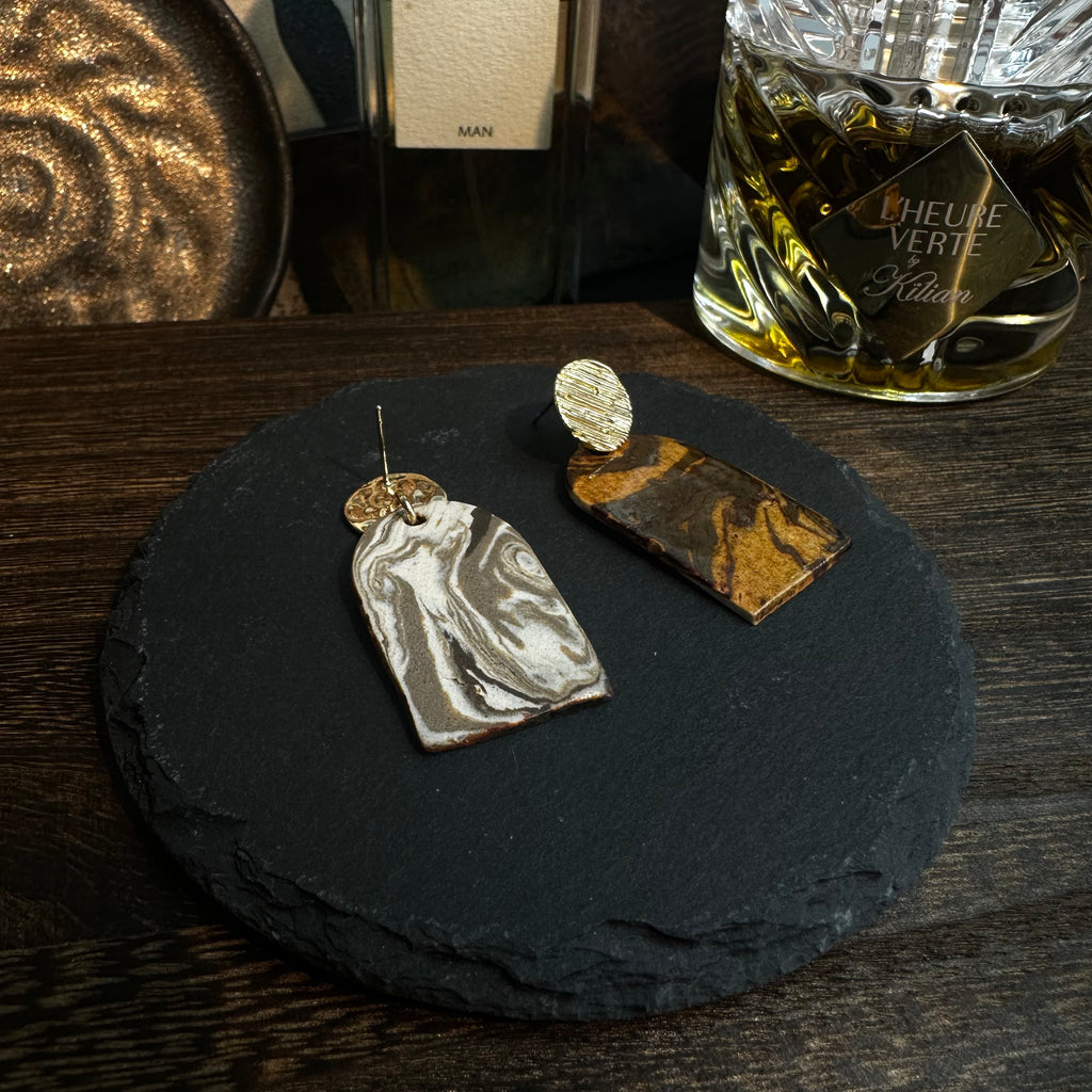 Artisan Nerikomi Ceramic Earrings – Gold Lined Circle Stud, Mauve Arch Drop
