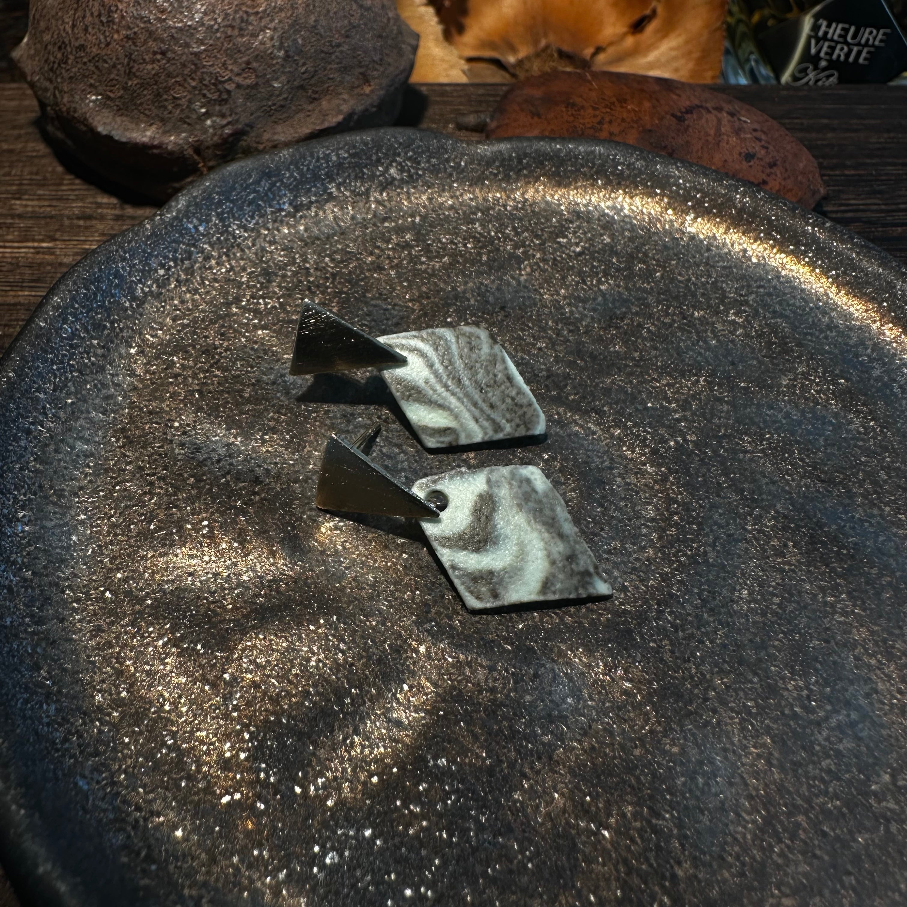 Artisan Nerikomi Ceramic Earrings – Gold Triangle Stud, Sage Diamond Drop