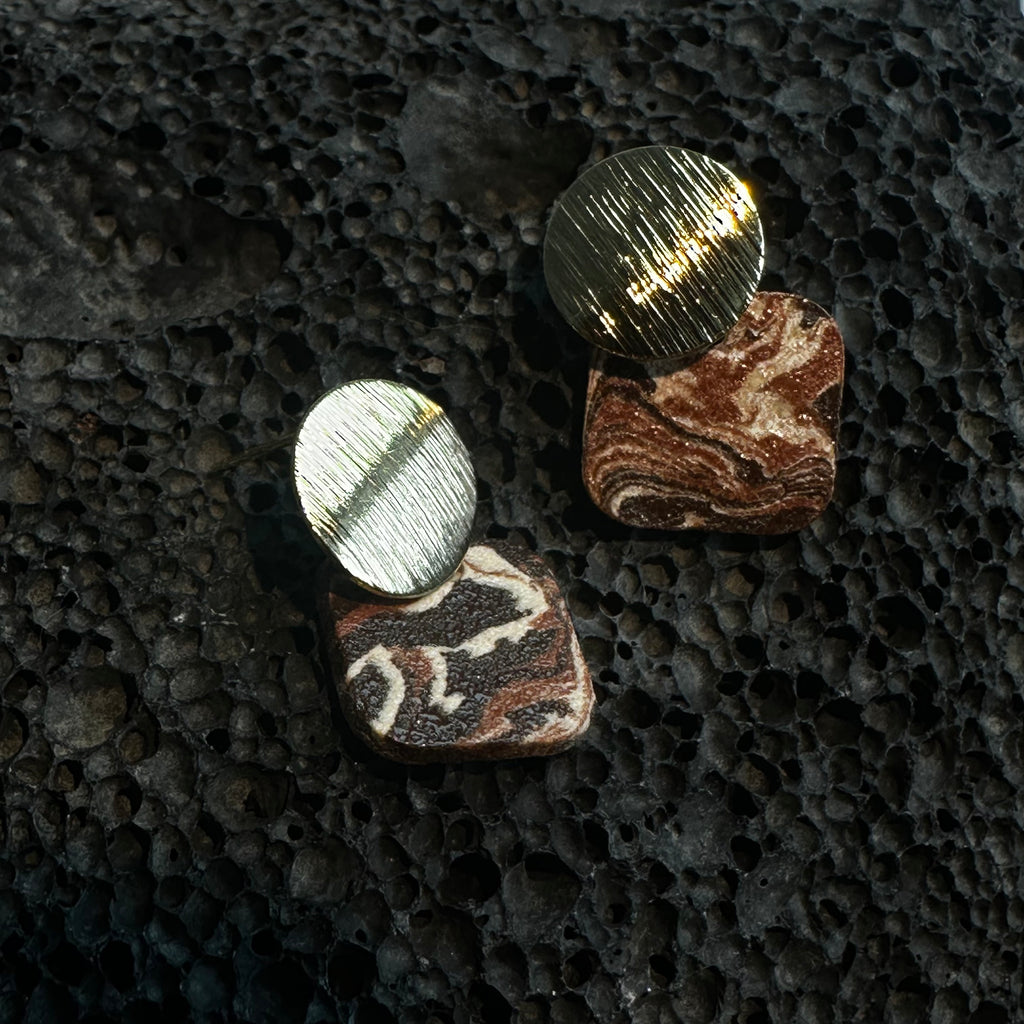 Artisan Nerikomi Ceramic Earrings – Gold Lined Circle Stud, Rose Square Drop