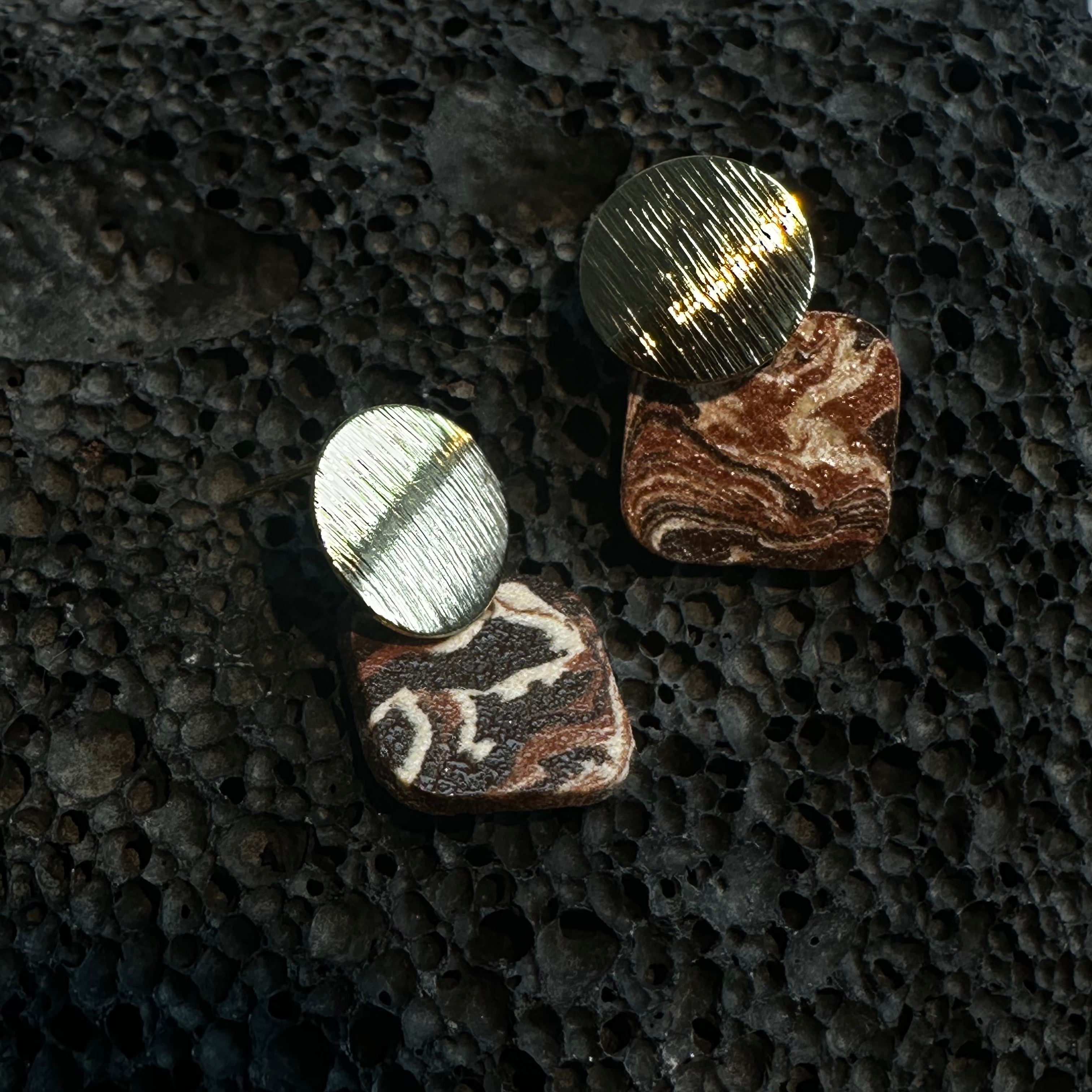 Artisan Nerikomi Ceramic Earrings – Gold Lined Circle Stud, Rose Square Drop