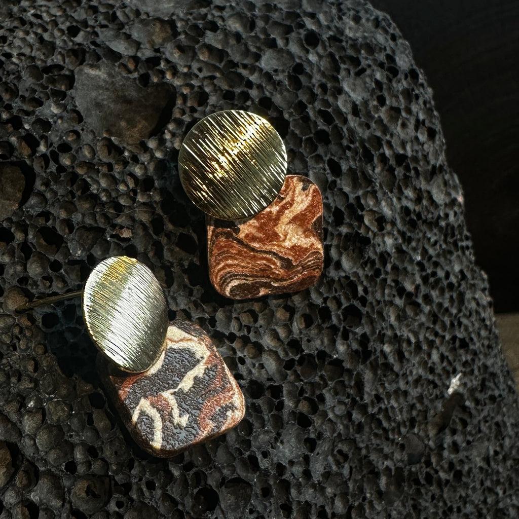 Artisan Nerikomi Ceramic Earrings – Gold Lined Circle Stud, Rose Square Drop
