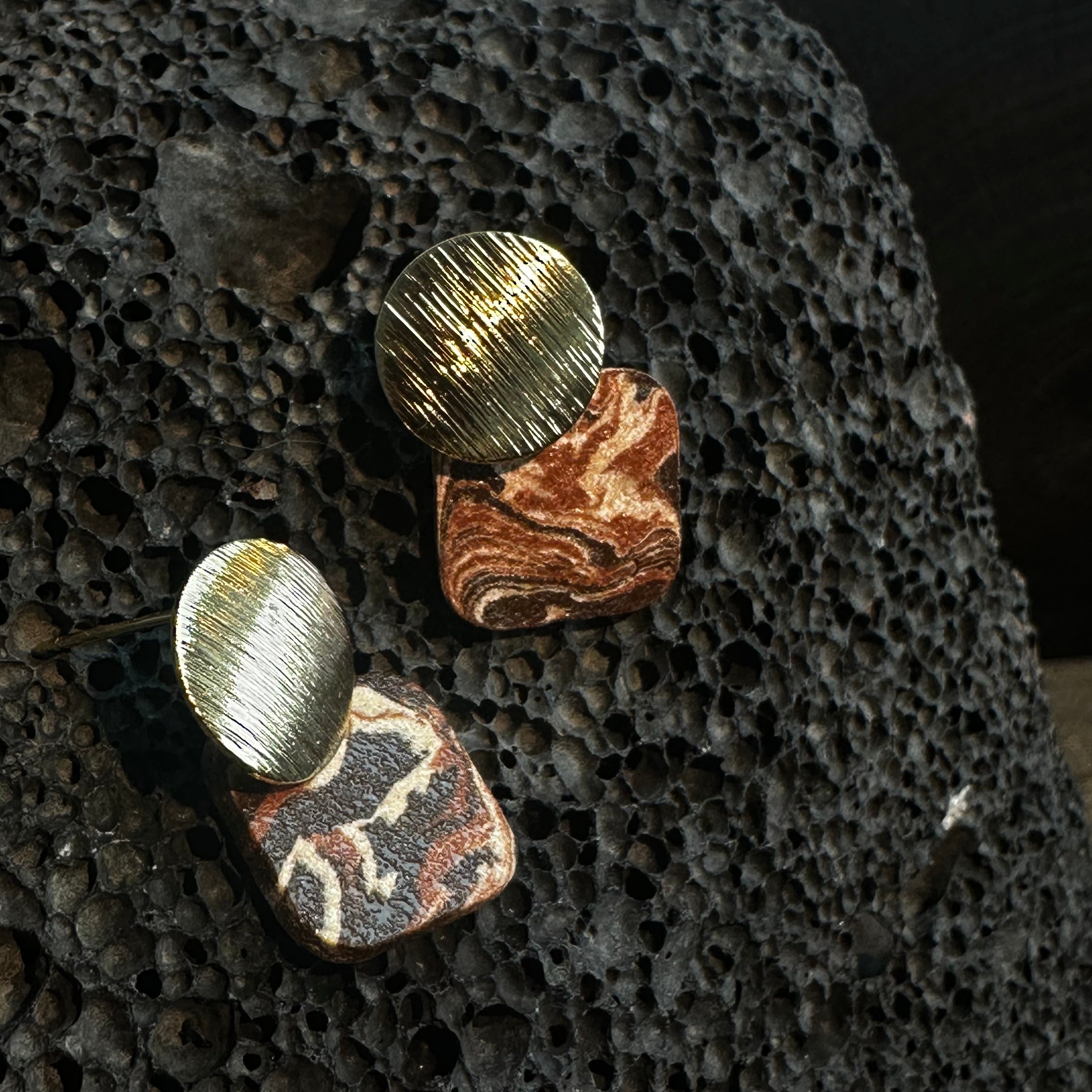 Artisan Nerikomi Ceramic Earrings – Gold Lined Circle Stud, Rose Square Drop