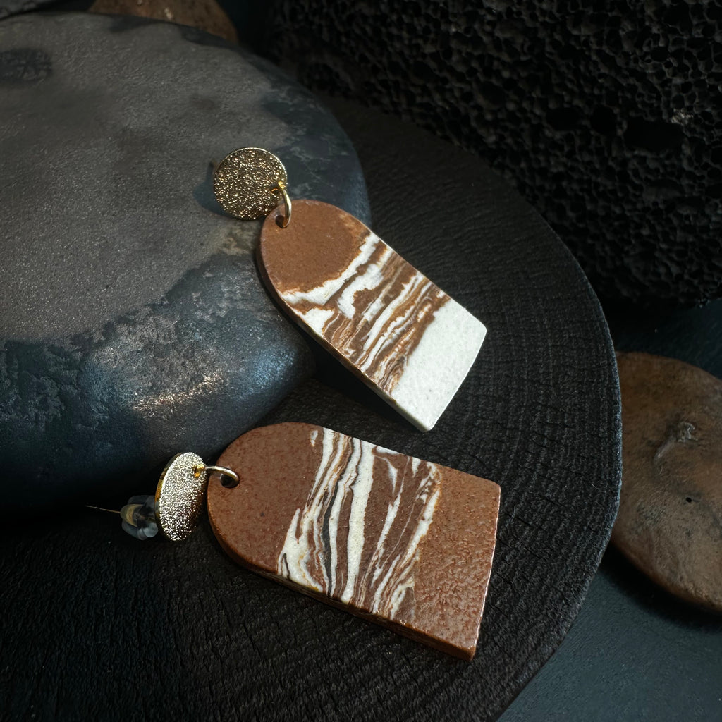Artisan Nerikomi Ceramic Earrings – Gold Matte Circle Stud, Solid Arch Drop