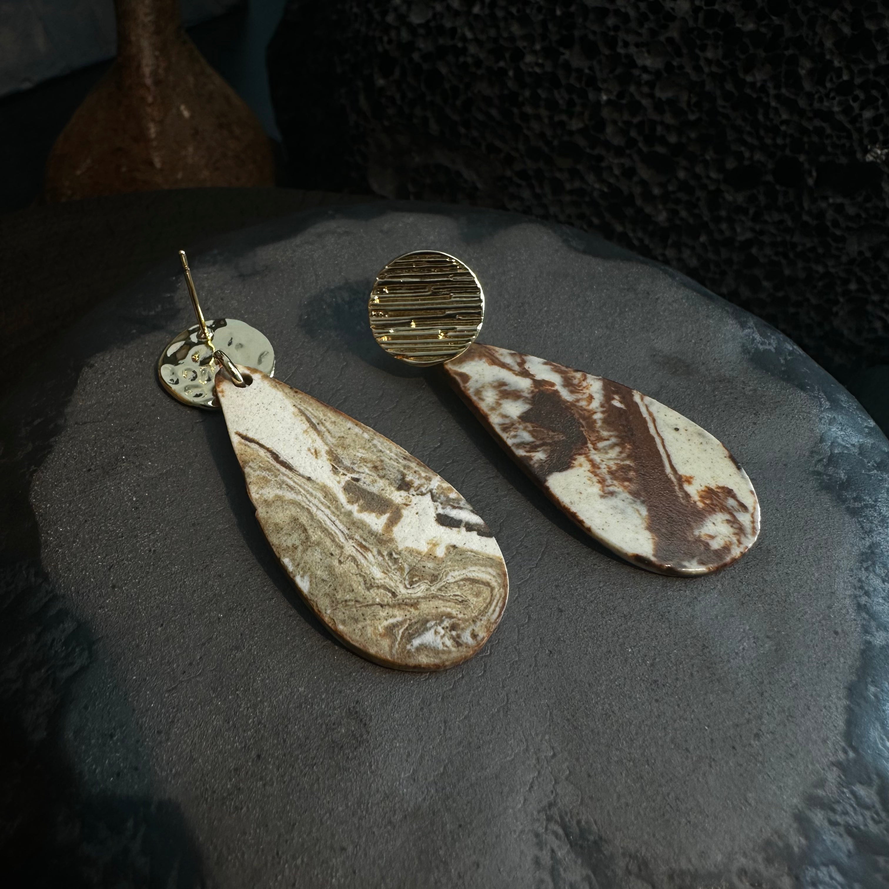 Artisan Nerikomi Ceramic Earrings – Gold Lined Circle Stud, Teardrop Drop