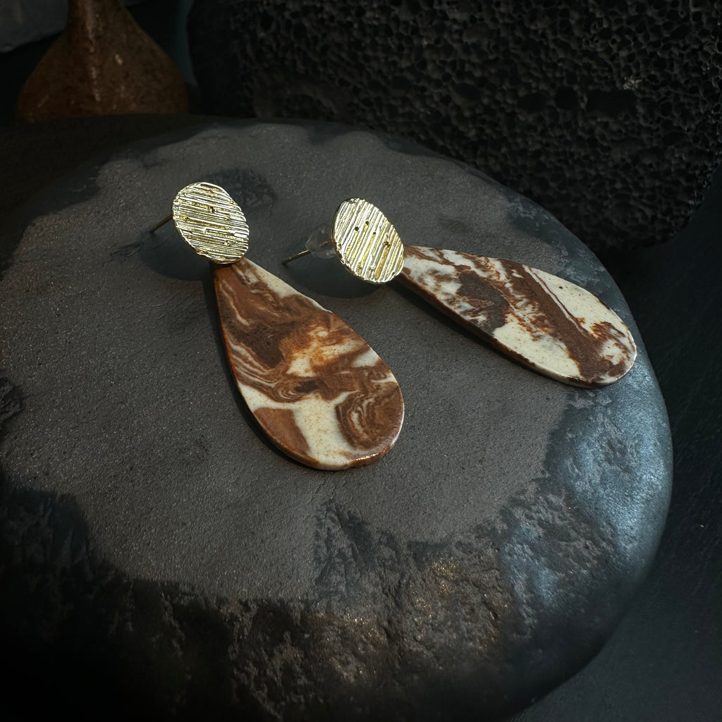Artisan Nerikomi Ceramic Earrings – Gold Lined Circle Stud, Teardrop Drop