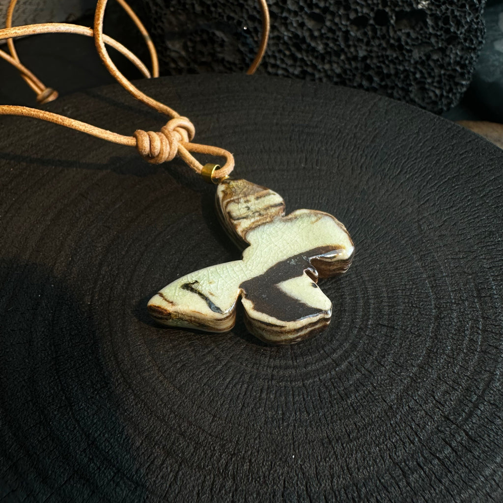 Artisan Nerikomi Ceramic Butterfly Necklace – Adjustable Leather Cord
