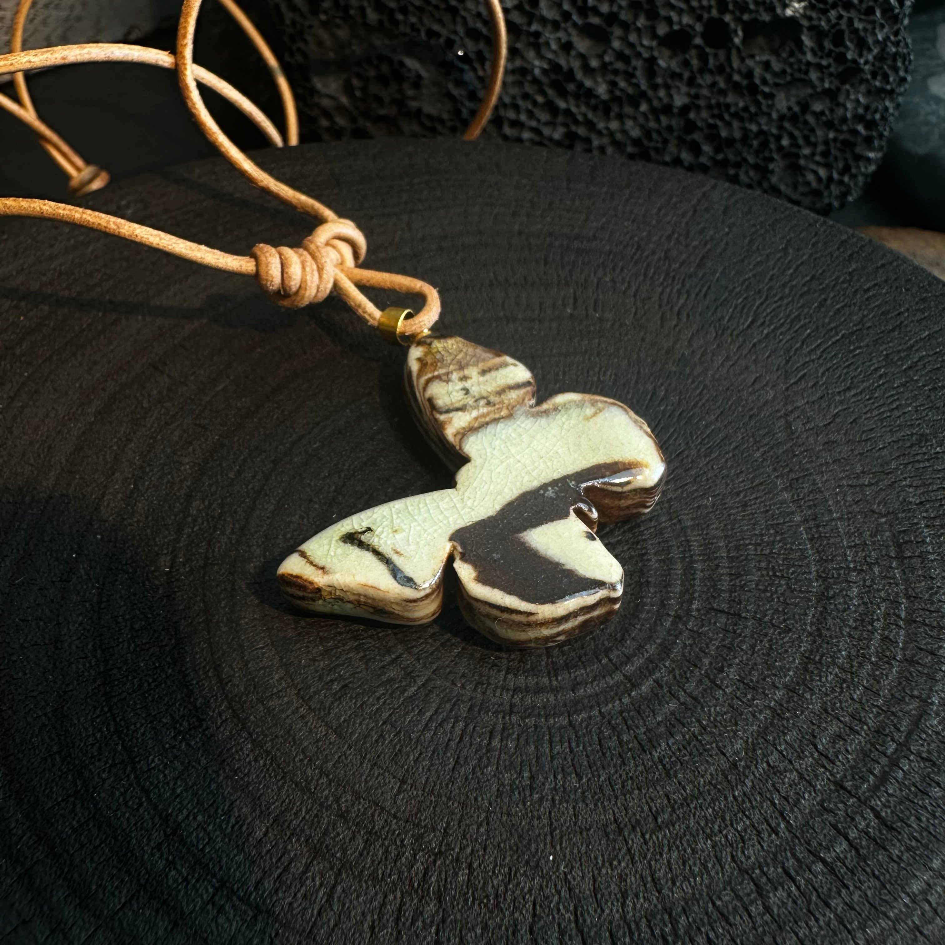 Artisan Nerikomi Ceramic Butterfly Necklace – Adjustable Leather Cord