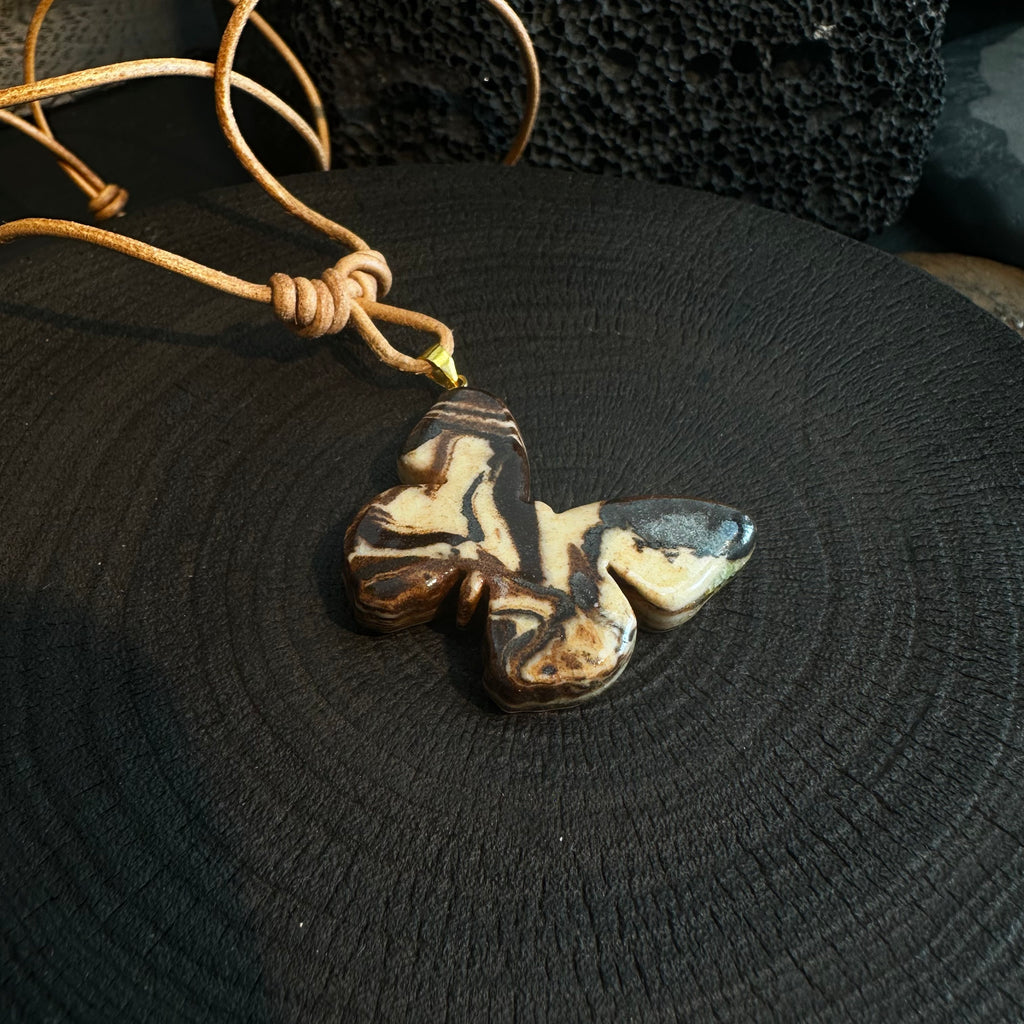Artisan Nerikomi Ceramic Butterfly Necklace – Adjustable Leather Cord