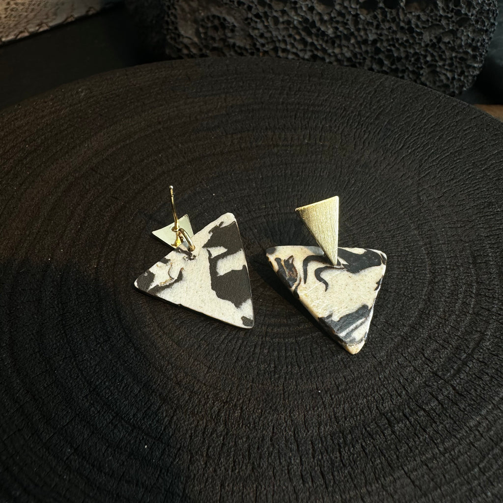 Artisan Nerikomi Ceramic Earrings – Gold Triangle Stud, B&W Triangle Drop