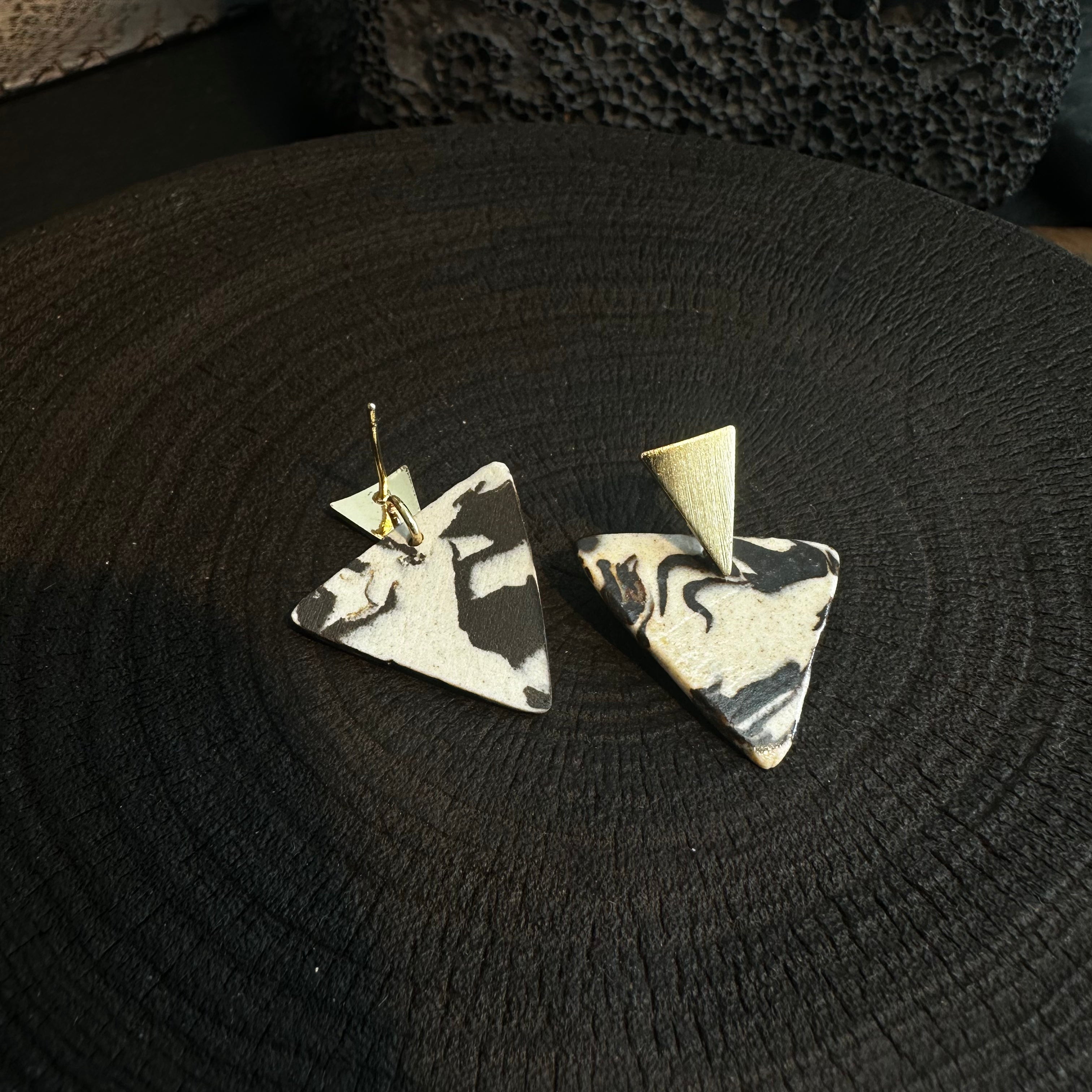 Artisan Nerikomi Ceramic Earrings – Gold Triangle Stud, B&W Triangle Drop