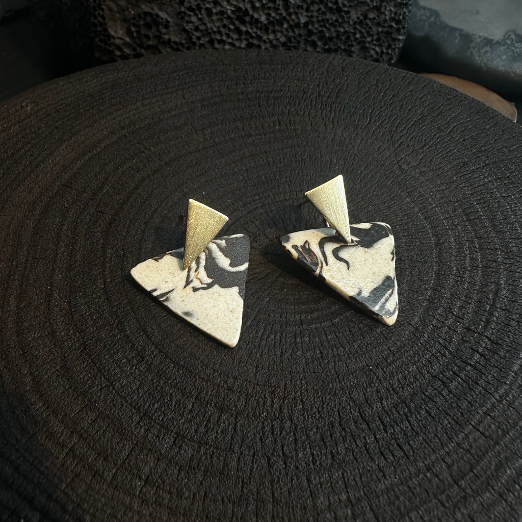 Artisan Nerikomi Ceramic Earrings – Gold Triangle Stud, B&W Triangle Drop