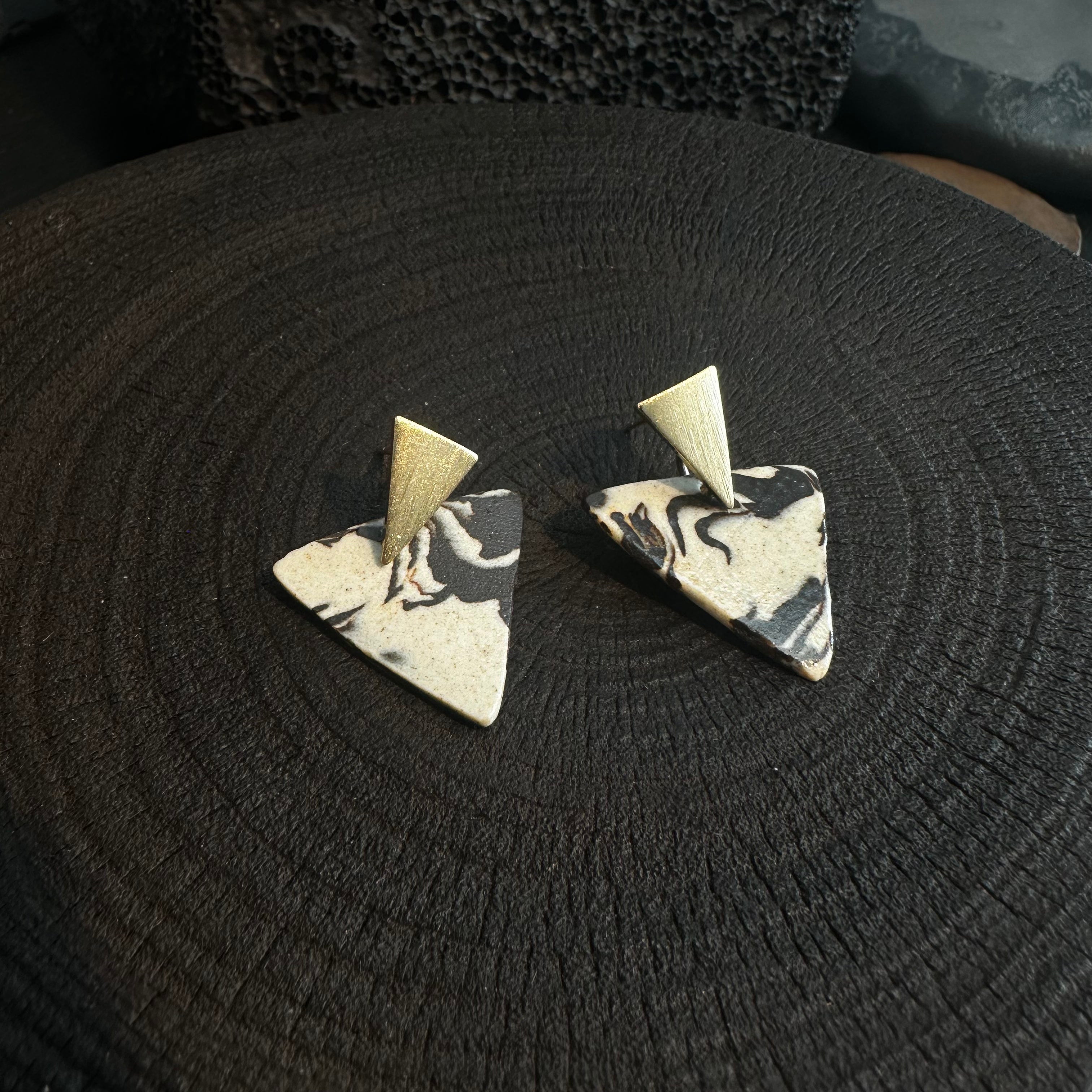 Artisan Nerikomi Ceramic Earrings – Gold Triangle Stud, B&W Triangle Drop