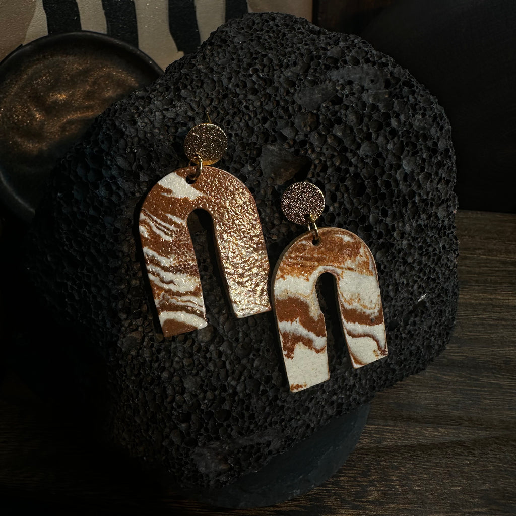 Artisan Nerikomi Ceramic Earrings – Gold Matte Circle Stud, Open Arch Drop