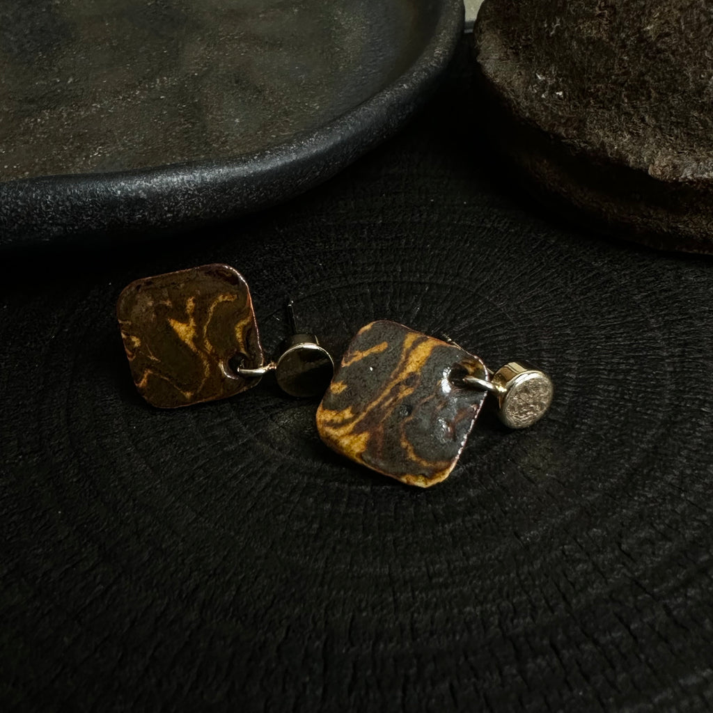Artisan Nerikomi Ceramic Earrings – Gold Circle Stud, Amber Diamond Drop