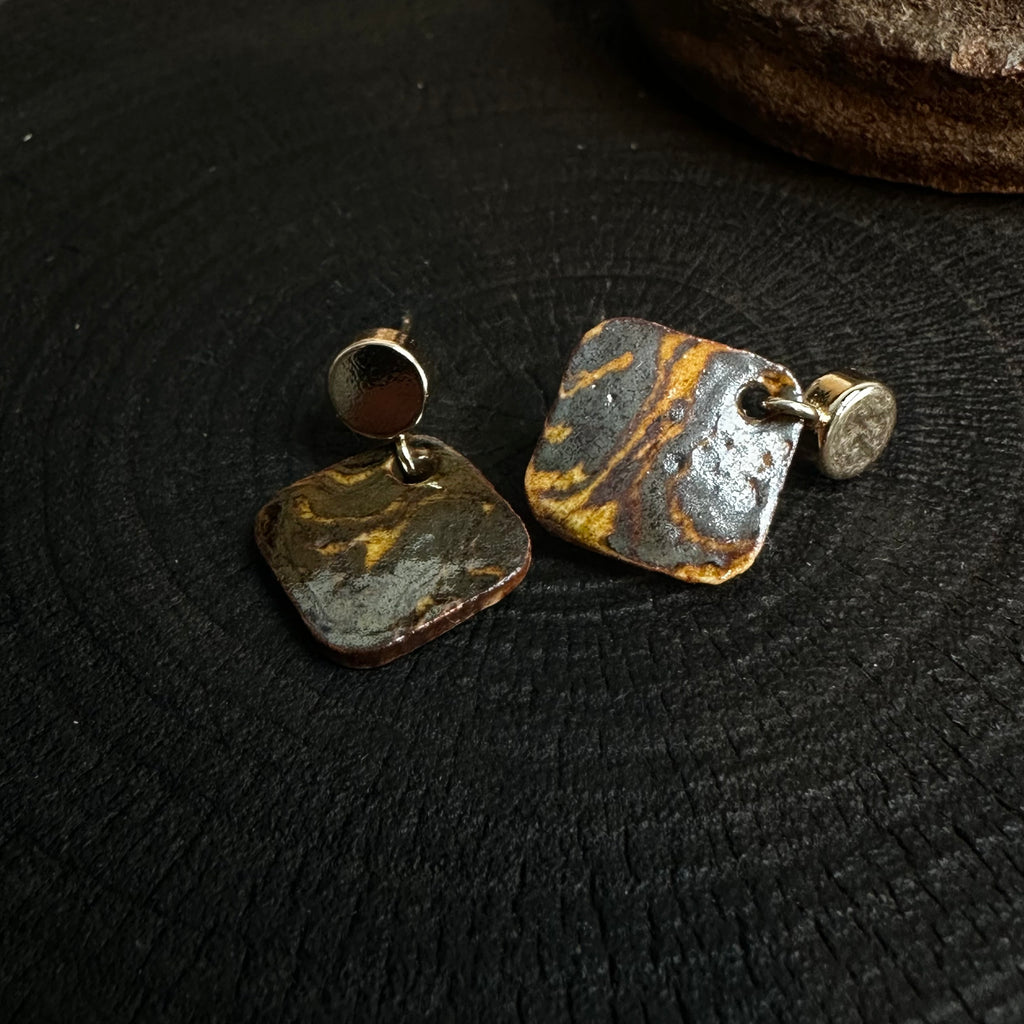 Artisan Nerikomi Ceramic Earrings – Gold Circle Stud, Amber Diamond Drop