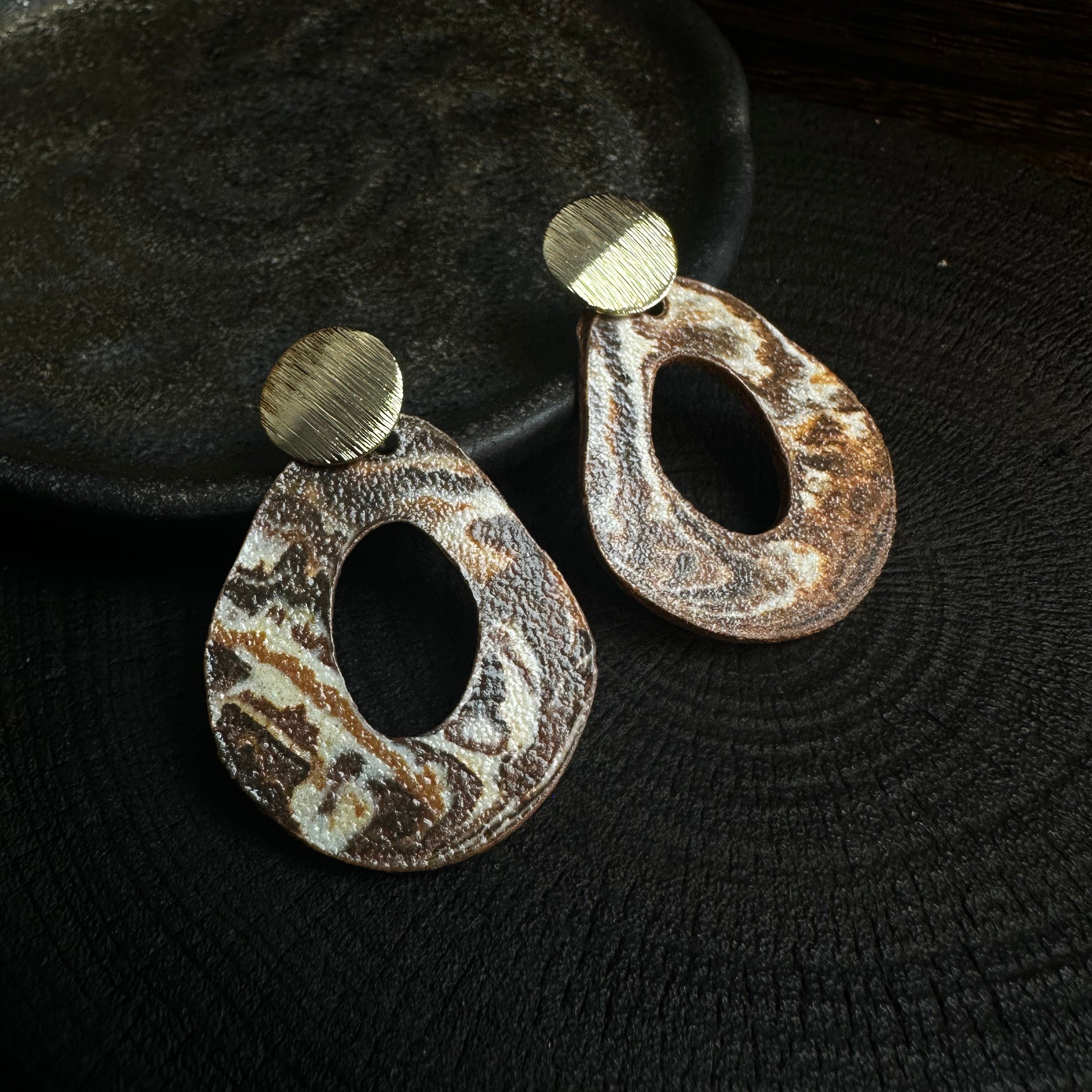 Artisan Nerikomi Ceramic Earrings – Gold Lined Circle Stud, Open Oval Drop