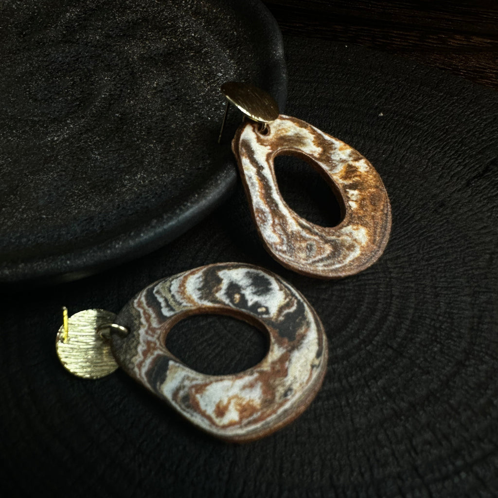 Artisan Nerikomi Ceramic Earrings – Gold Lined Circle Stud, Open Oval Drop
