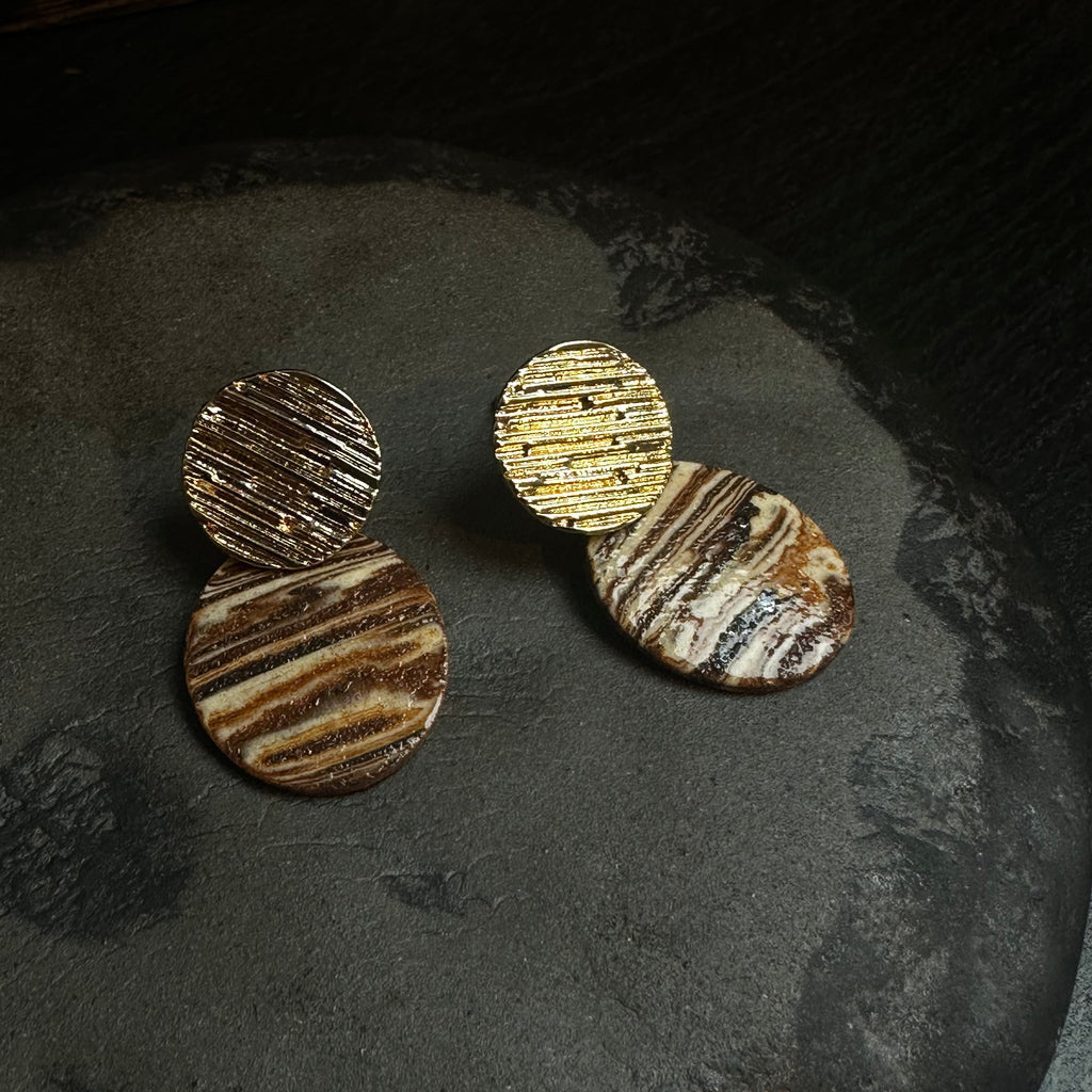 Artisan Nerikomi Ceramic Earrings – Gold Lined Circle Stud, Oval Drop