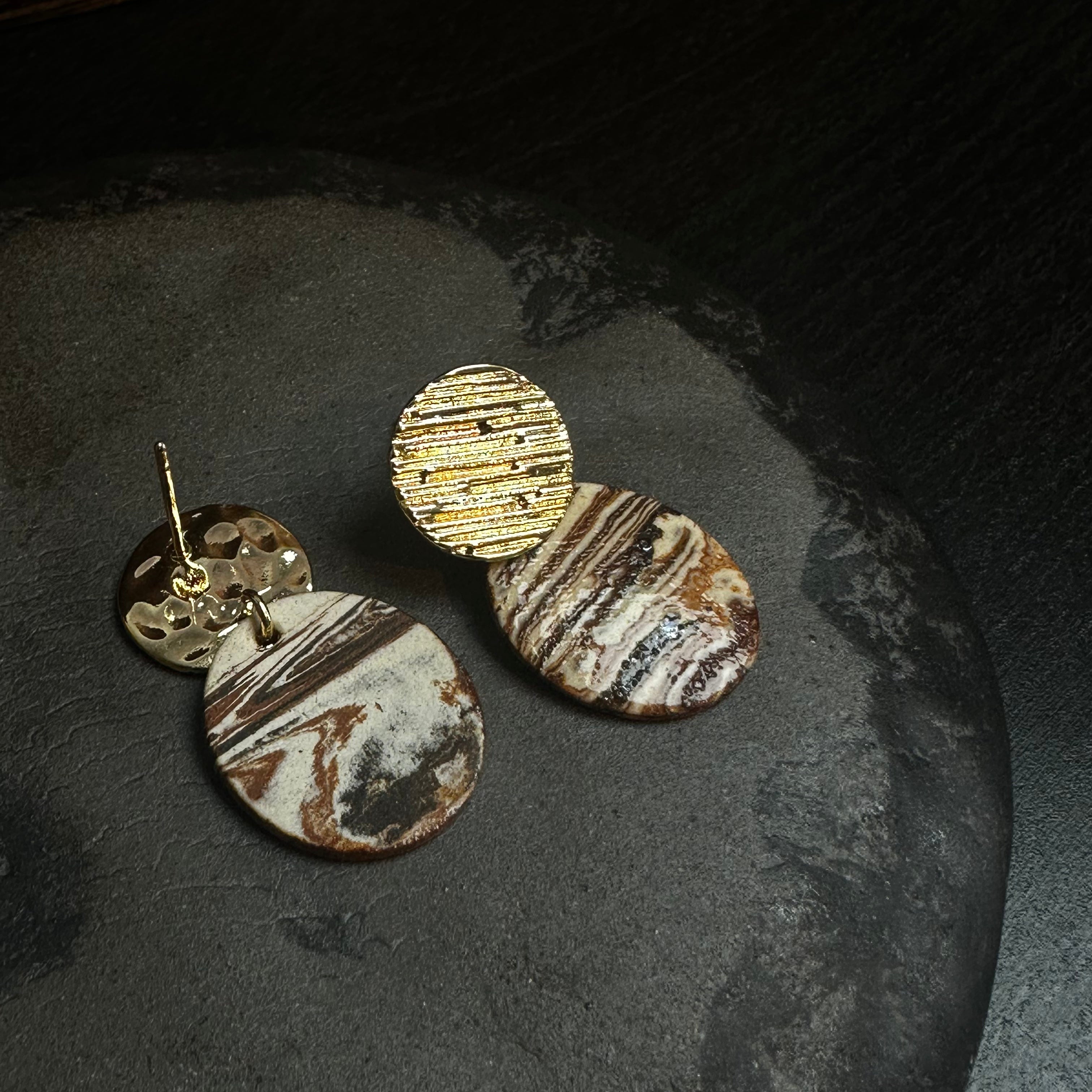 Artisan Nerikomi Ceramic Earrings – Gold Lined Circle Stud, Oval Drop