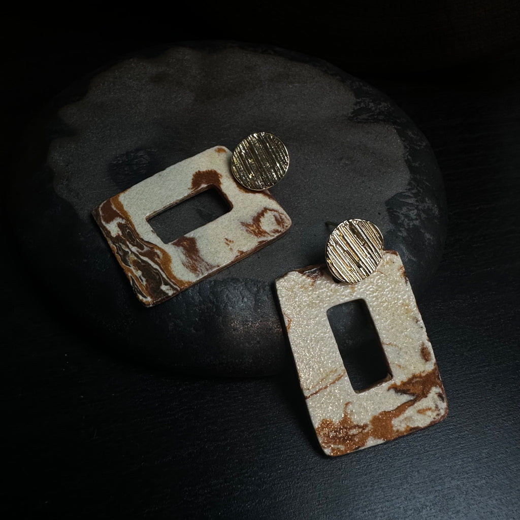 Artisan Nerikomi Ceramic Earrings – Gold Lined Circle Stud, Open Rectangle Drop