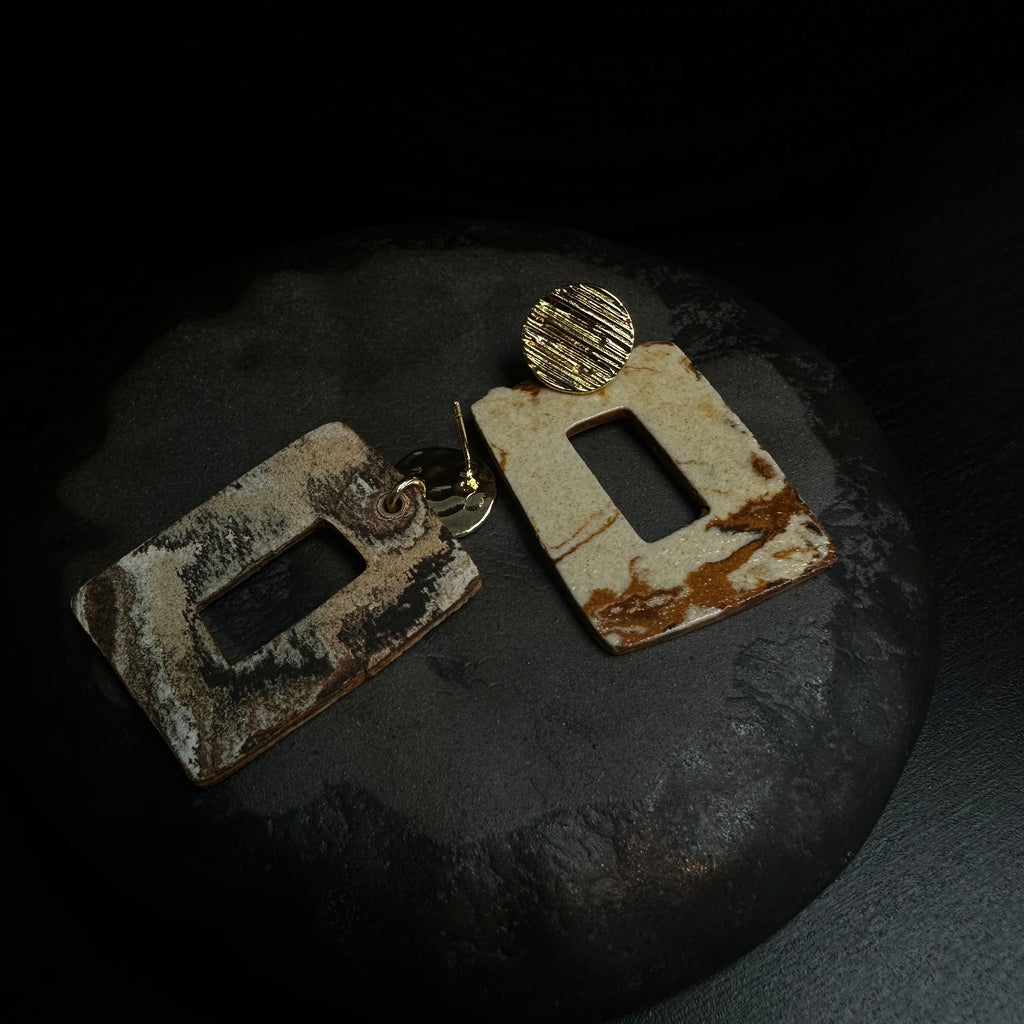 Artisan Nerikomi Ceramic Earrings – Gold Lined Circle Stud, Open Rectangle Drop