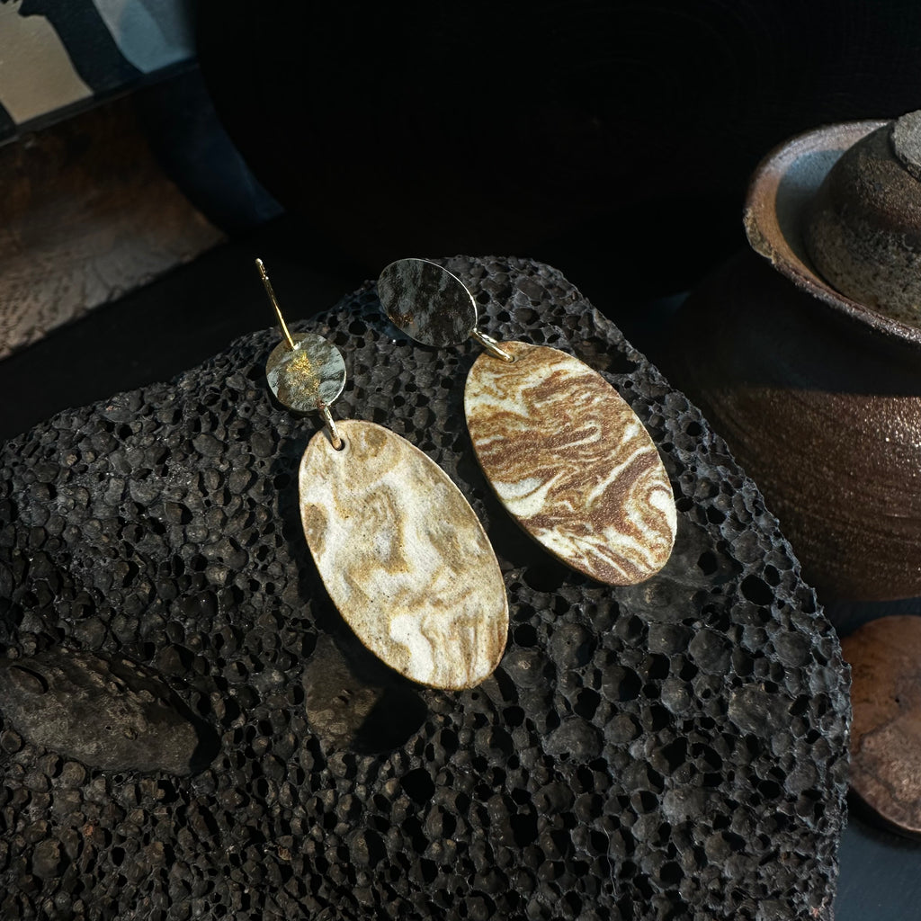 Artisan Nerikomi Ceramic Earrings – Gold Hammered Oval Stud, Large Oval Drop
