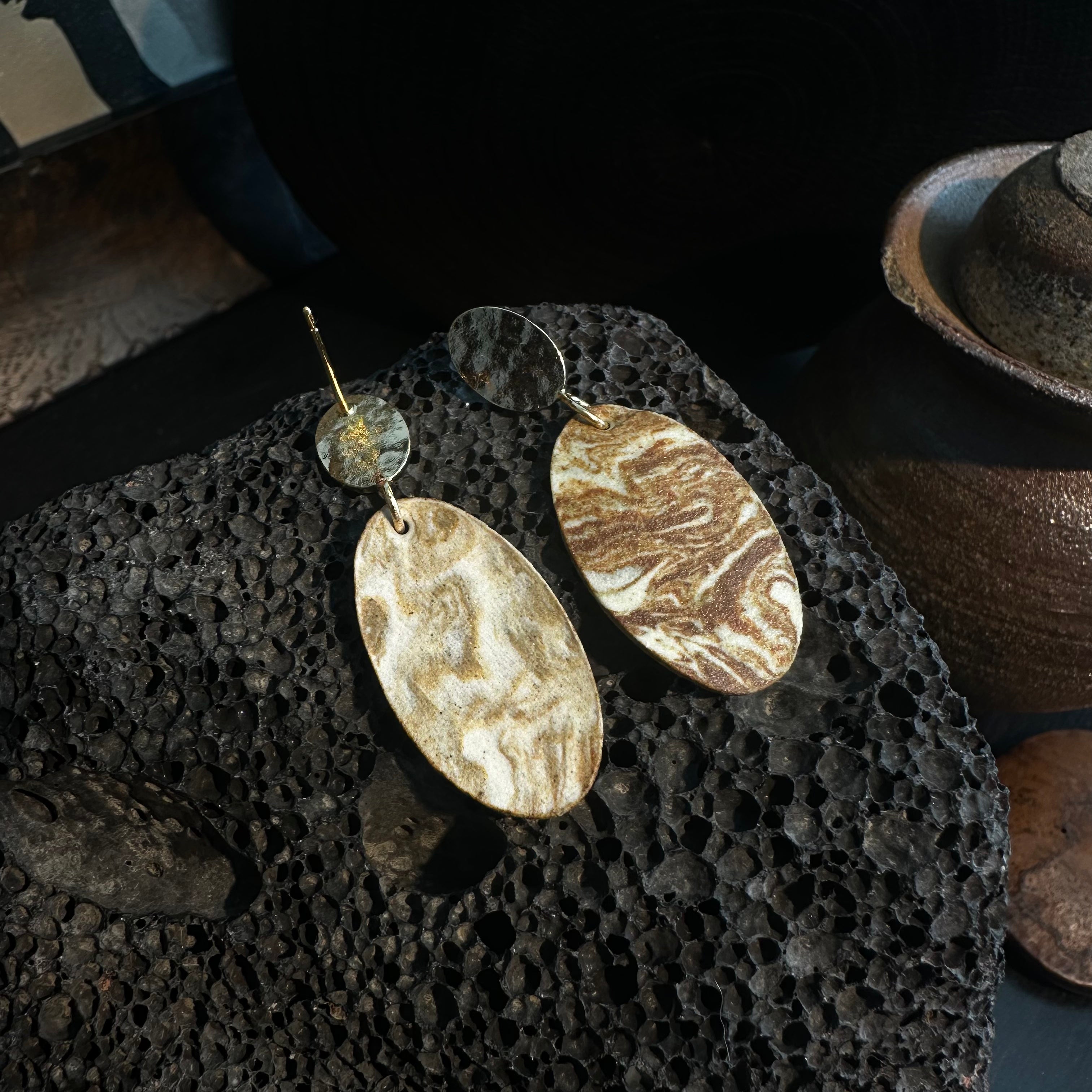 Artisan Nerikomi Ceramic Earrings – Gold Hammered Oval Stud, Large Oval Drop
