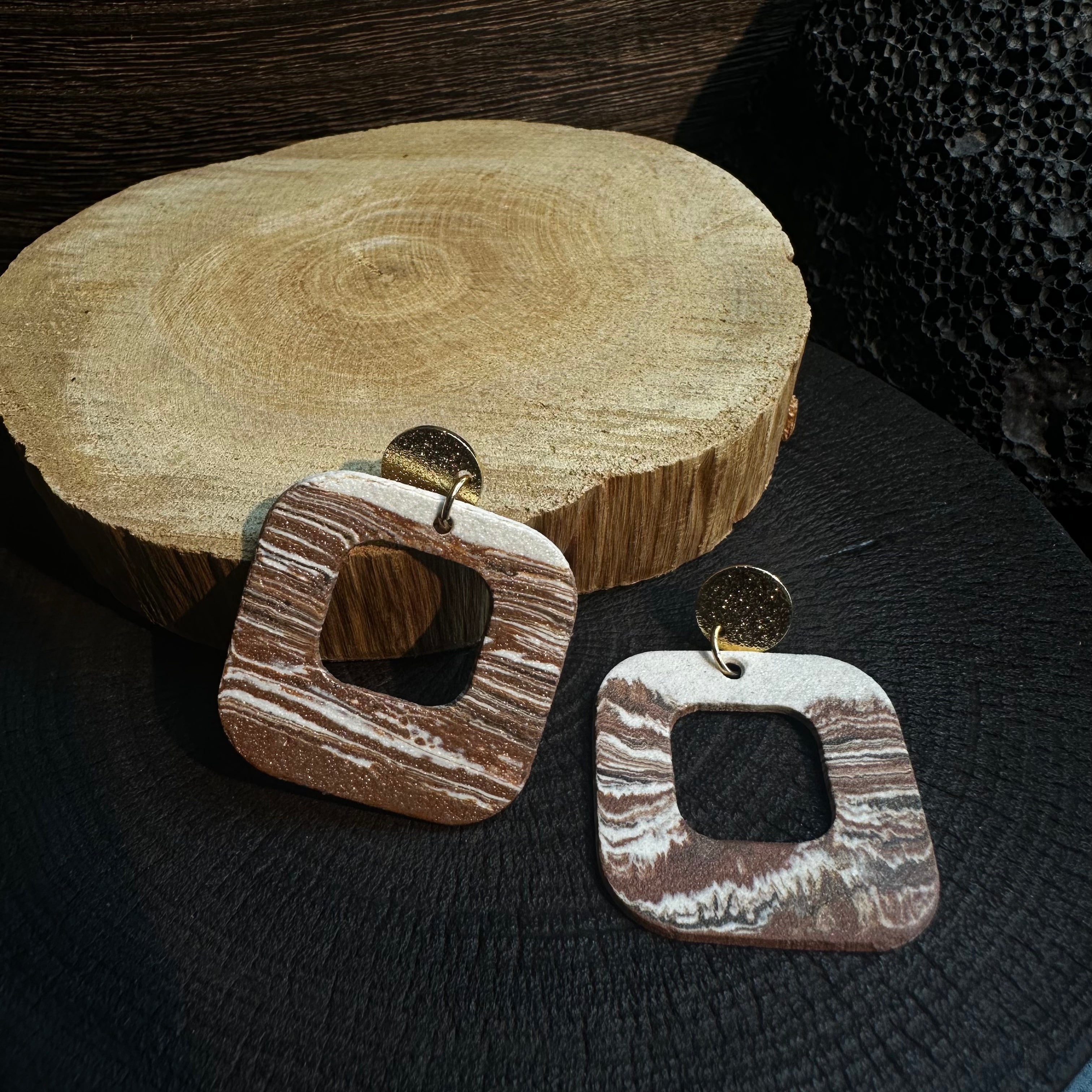 Artisan Nerikomi Ceramic Earrings – Gold Hammered Oval Stud, Open Square Drop