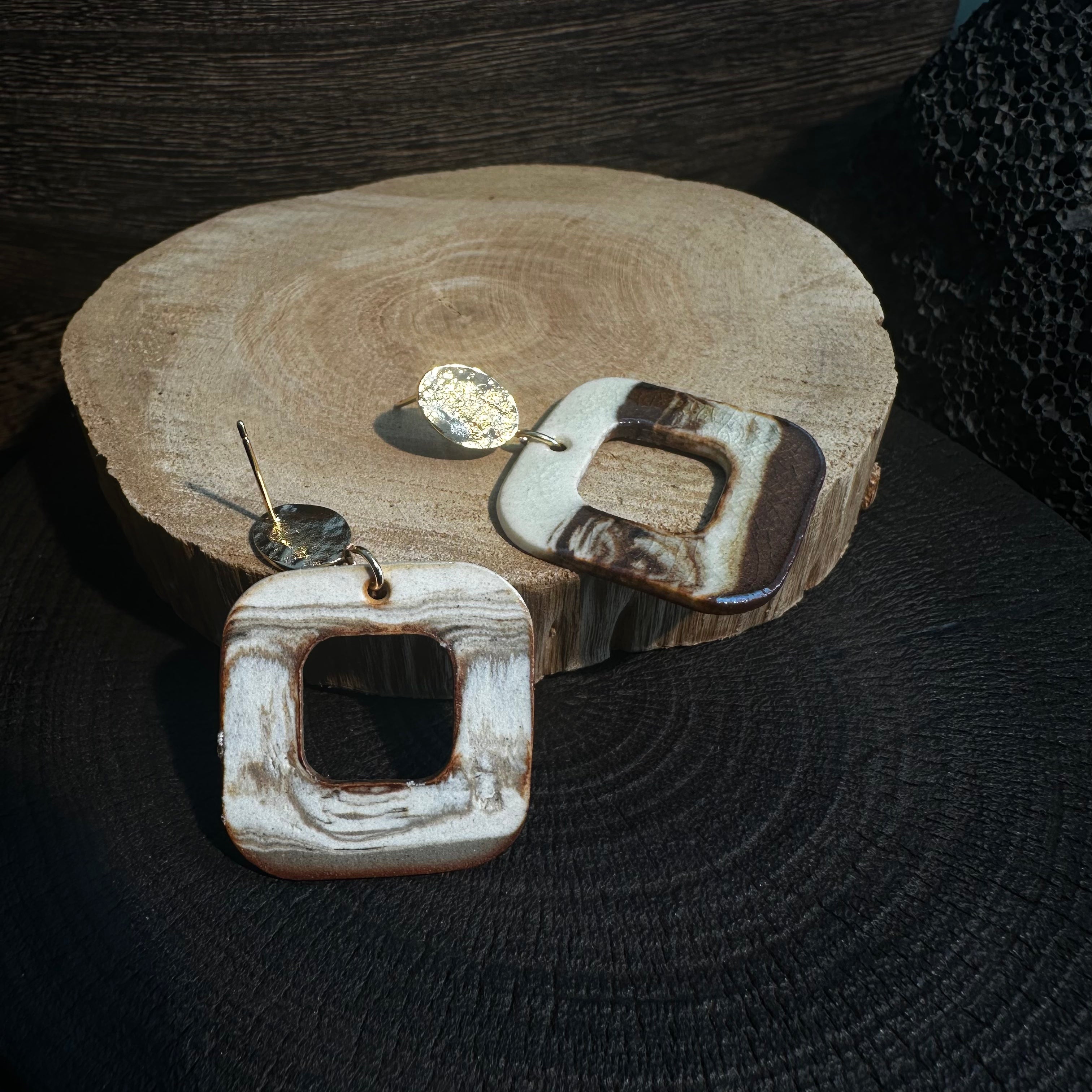 Artisan Nerikomi Ceramic Earrings – Gold Hammered Oval Stud, Open Square Drop