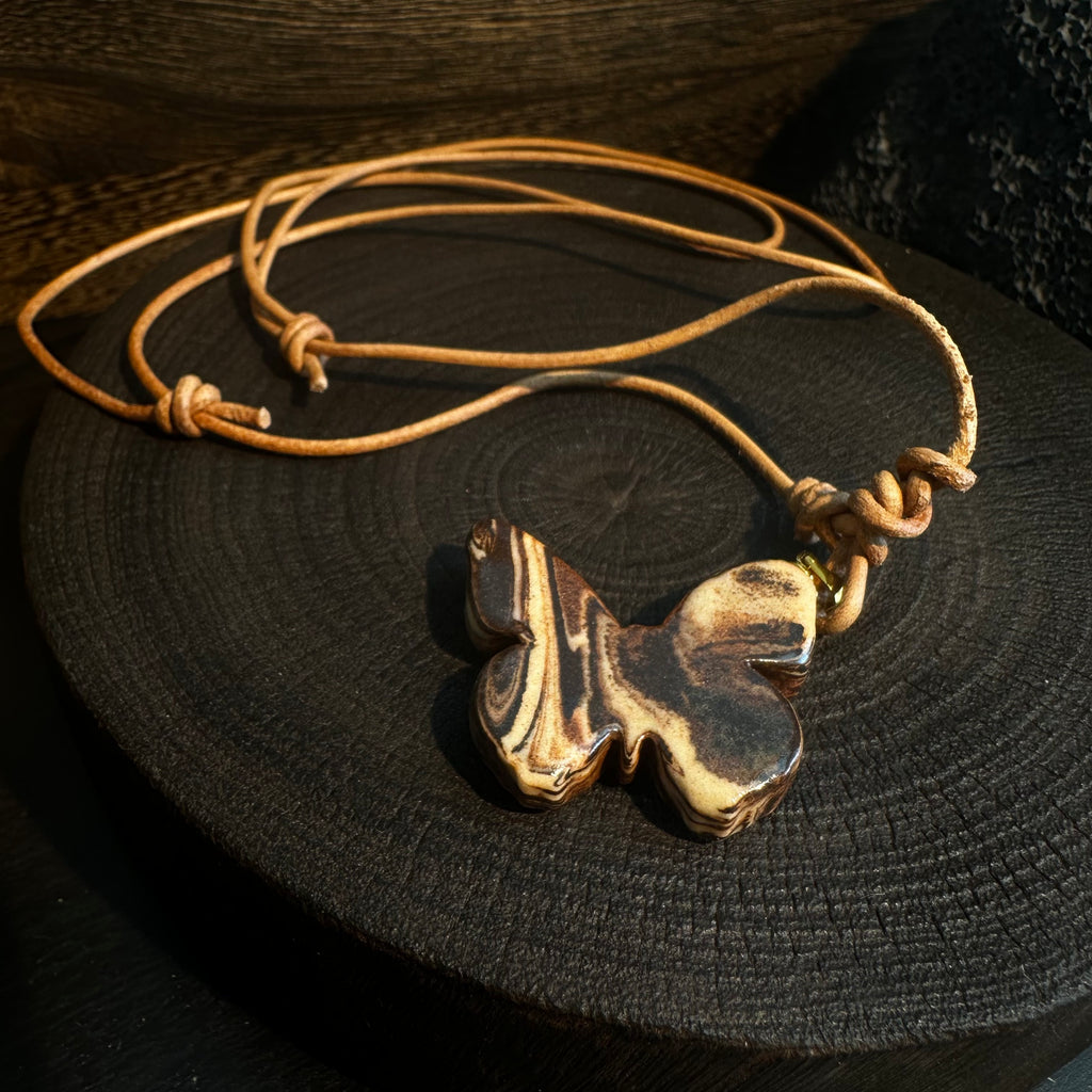 Artisan Nerikomi Ceramic Butterfly Necklace – Adjustable Leather Cord