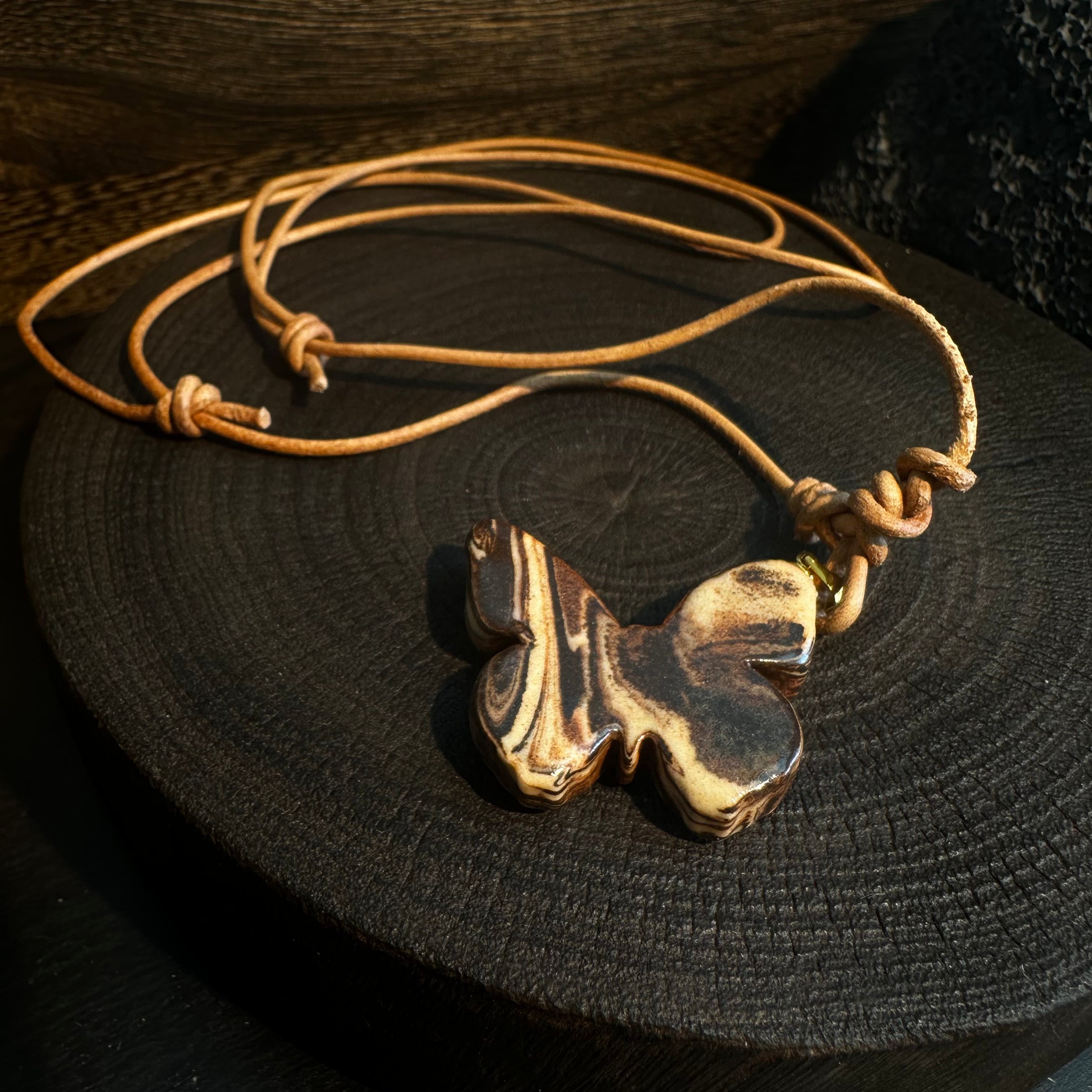 Artisan Nerikomi Ceramic Butterfly Necklace – Adjustable Leather Cord