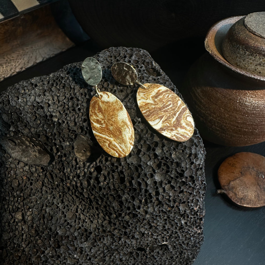 Artisan Nerikomi Ceramic Earrings – Gold Hammered Oval Stud, Large Oval Drop