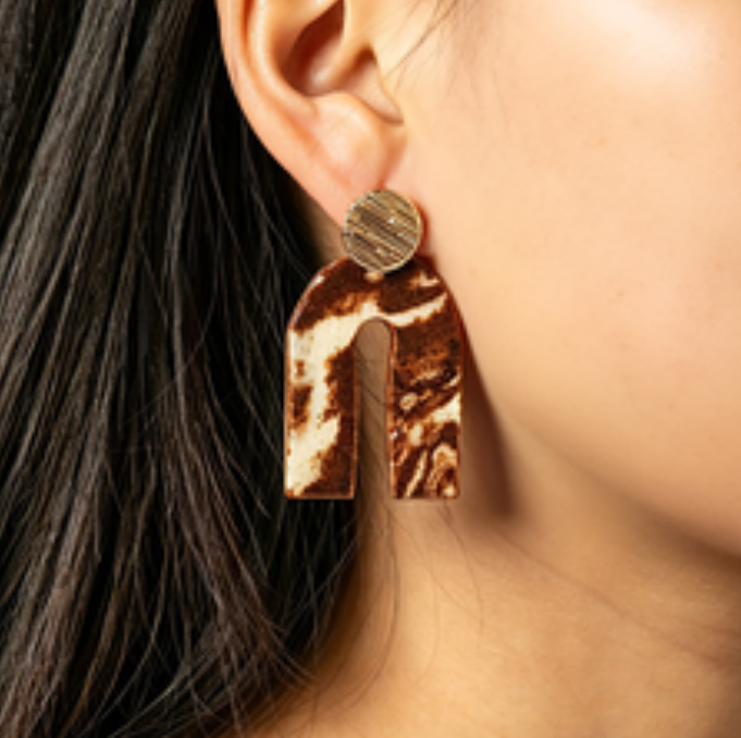 Artisan Nerikomi Ceramic Earrings – Gold Lined Circle Stud, Asymmetric Arch Drop