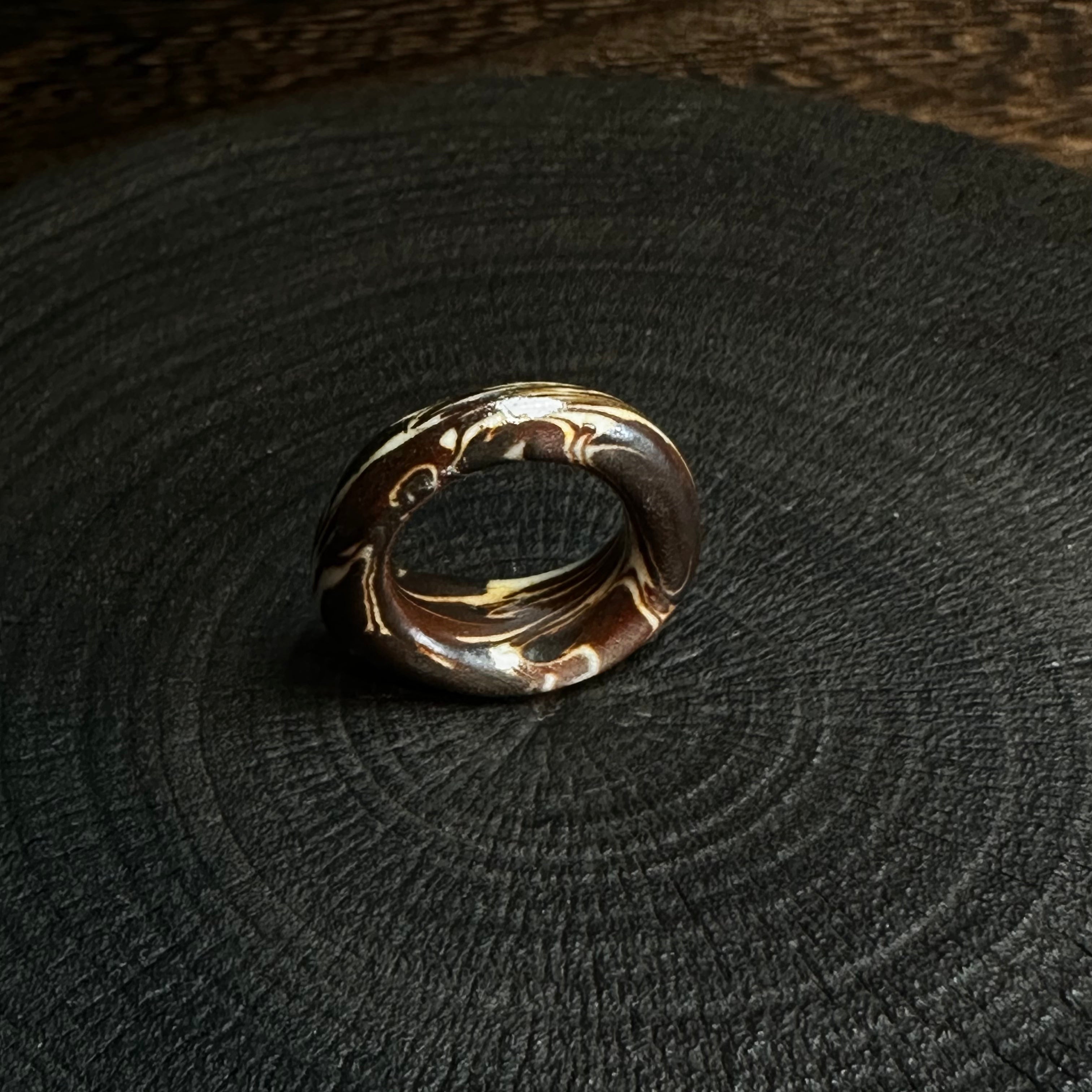 Artisan Nerikomi Ceramic Ring – Dark Bronze Flow, Wide Band