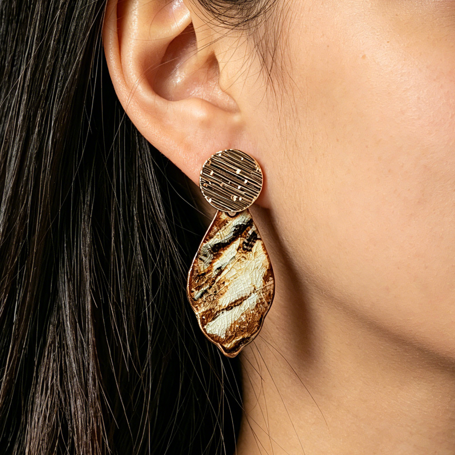 Artisan Nerikomi Ceramic Earrings – Gold Lined Circle Stud, Leaf Drop