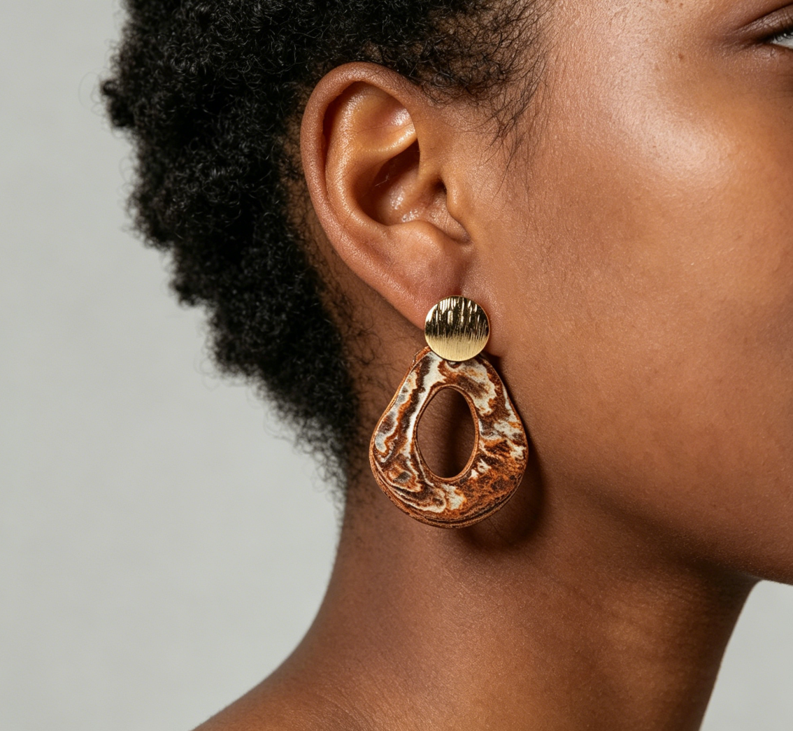 Artisan Nerikomi Ceramic Earrings – Gold Lined Circle Stud, Open Oval Drop