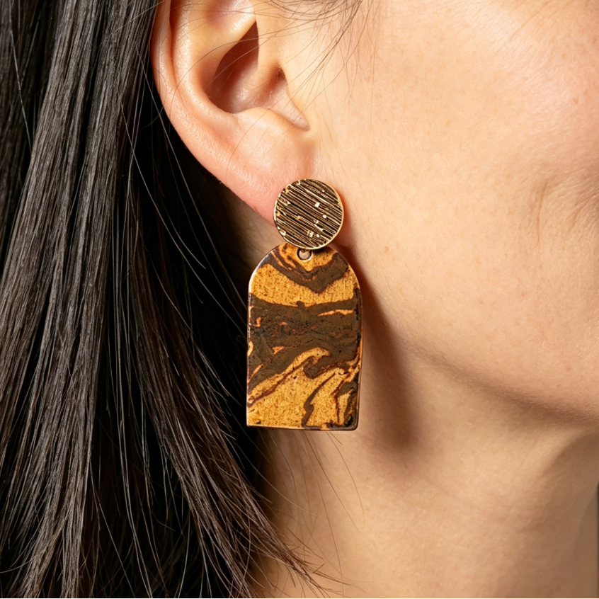 Artisan Nerikomi Ceramic Earrings – Gold Lined Circle Stud, Mauve Arch Drop