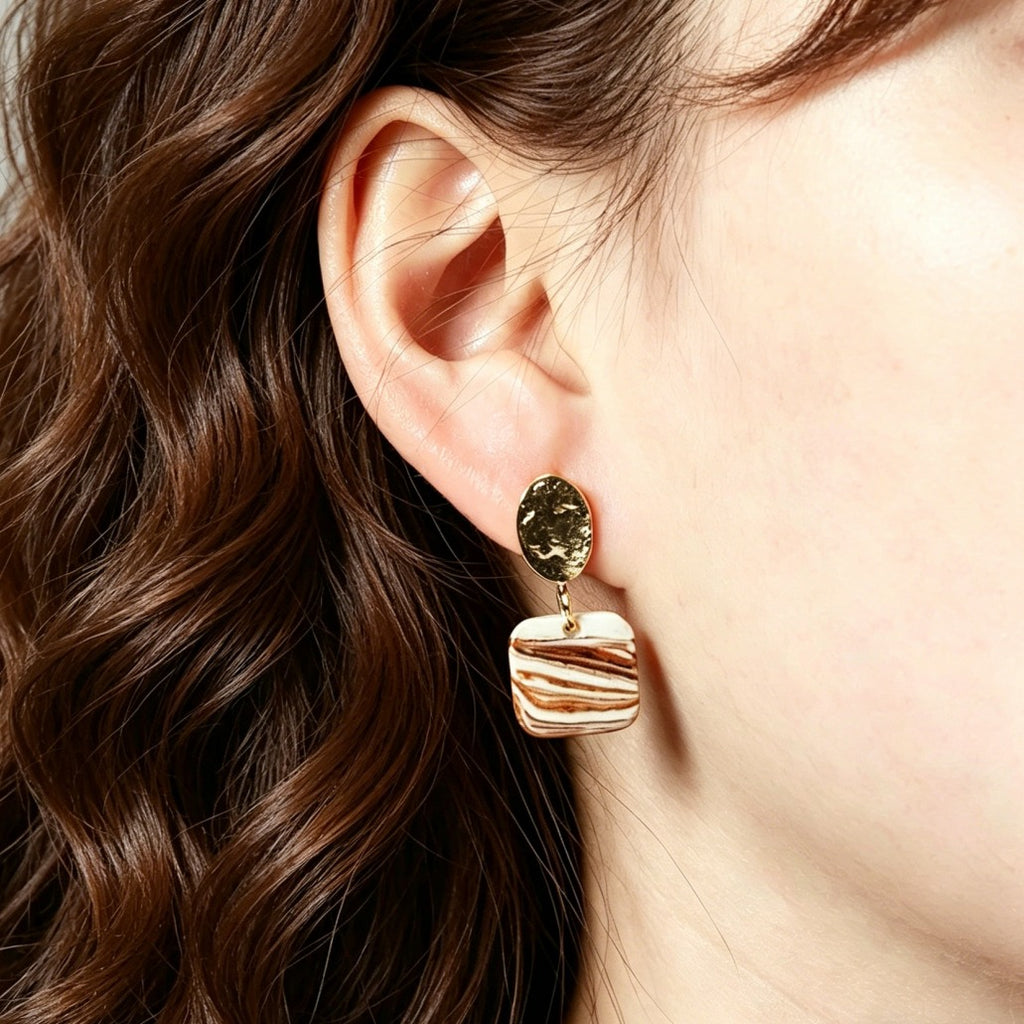 Artisan Nerikomi Ceramic Earrings – Gold Hammered Oval Stud, Square Drop