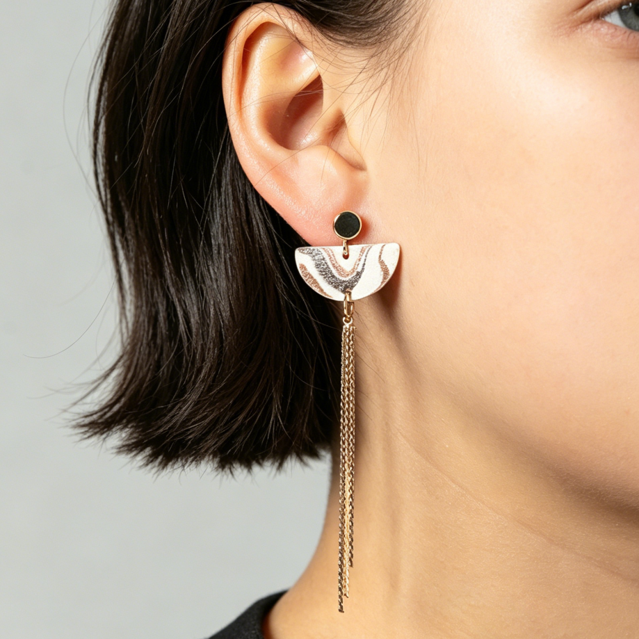 Artisan Nerikomi Ceramic Earrings – Gold Tassel, Half-Moon Drop